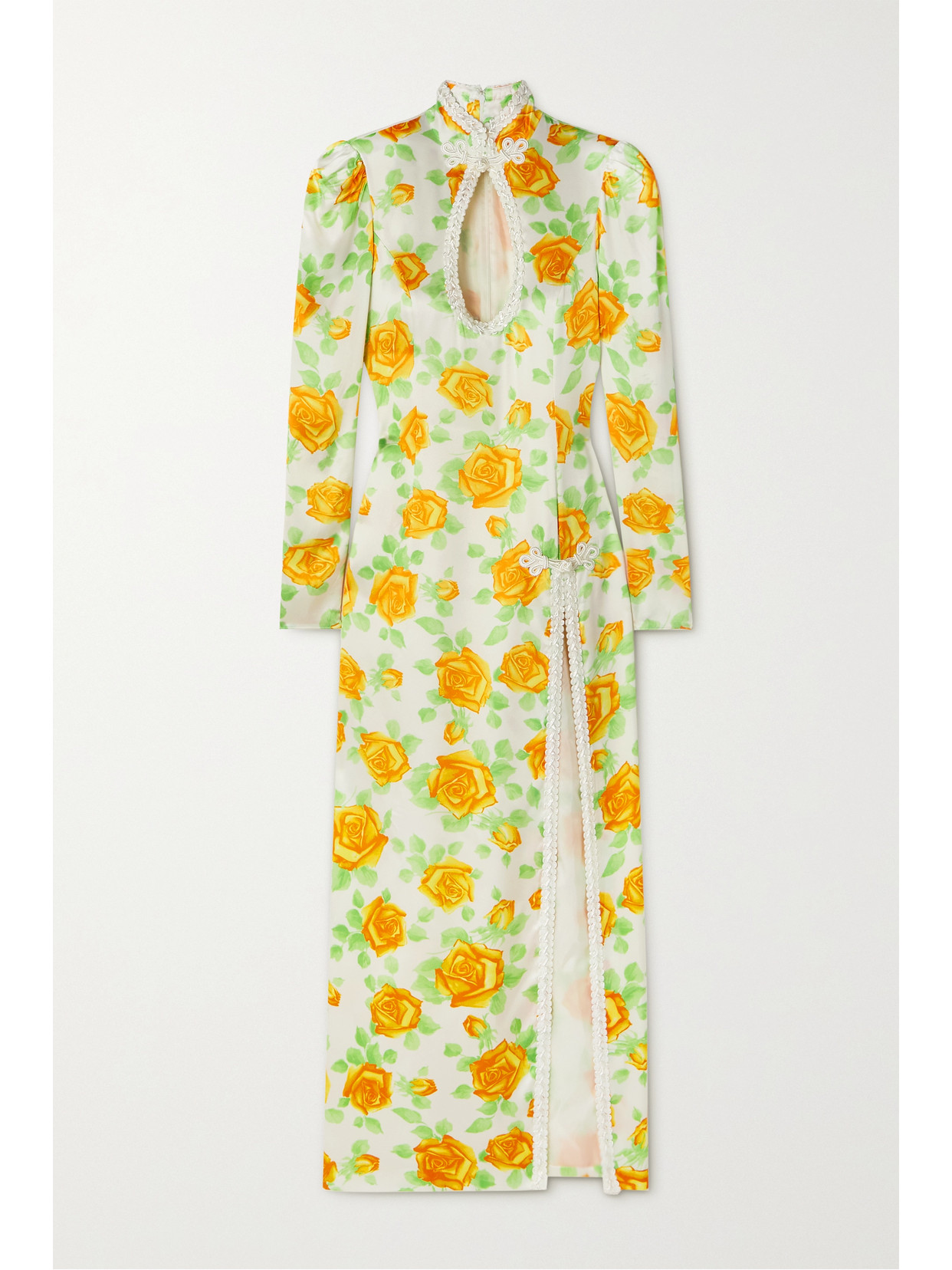 Alessandra Rich - Cutout Cord-trimmed Floral-print Duchesse Silk-satin Midi Dress - Yellow 22 Awaiting product image