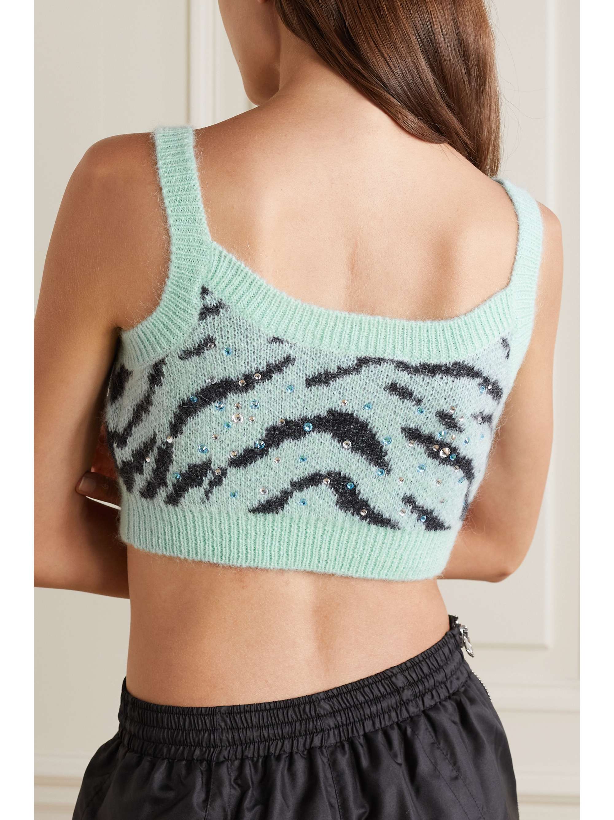 ALESSANDRA RICH Cropped embellished zebra-jacquard mohair-blend top