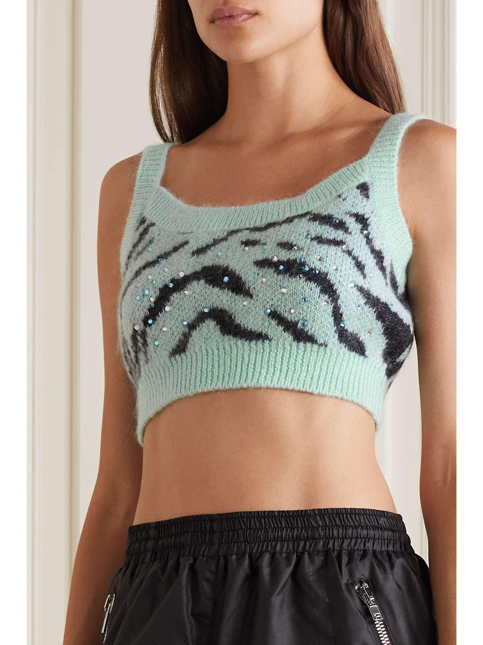 ALESSANDRA RICH Cropped embellished zebra-jacquard mohair-blend top