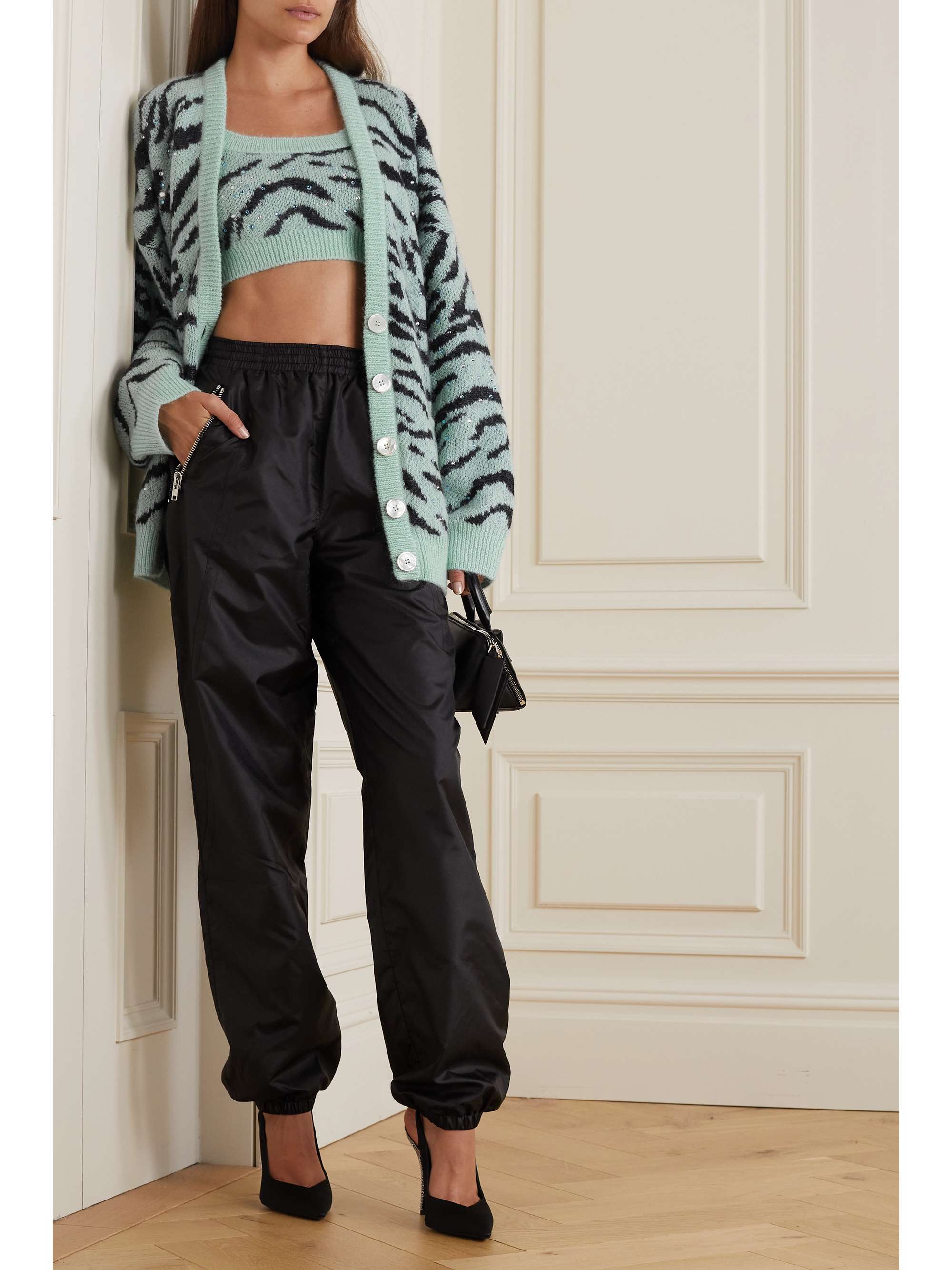 ALESSANDRA RICH Cropped embellished zebra-jacquard mohair-blend top