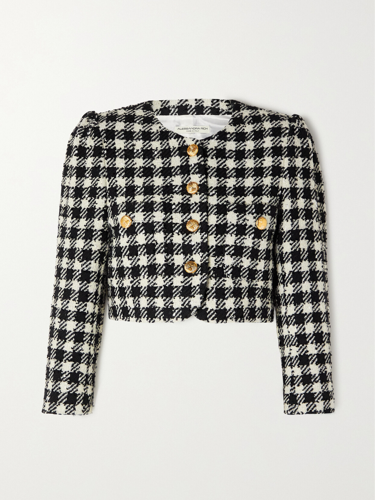 Alessandra Rich Cropped Houndstooth Wool-blend Tweed Jacket In Black