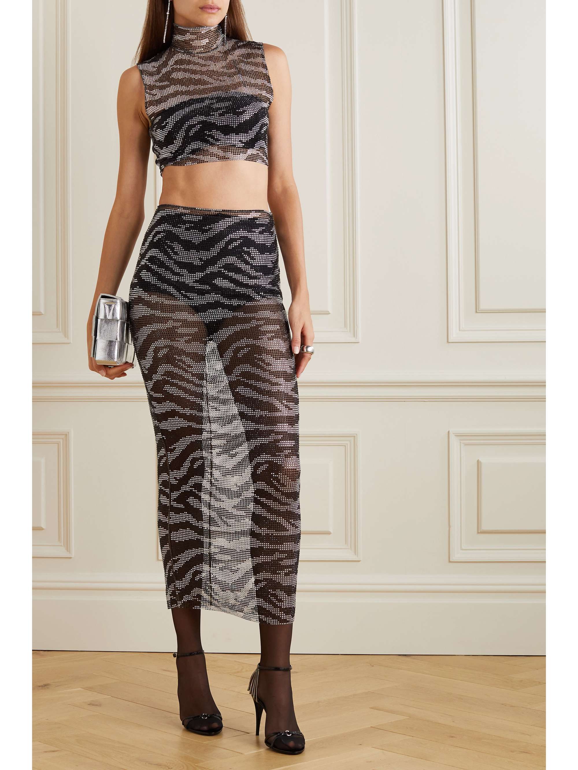 ALESSANDRA RICH Cropped crystal-embellished mesh turtleneck top