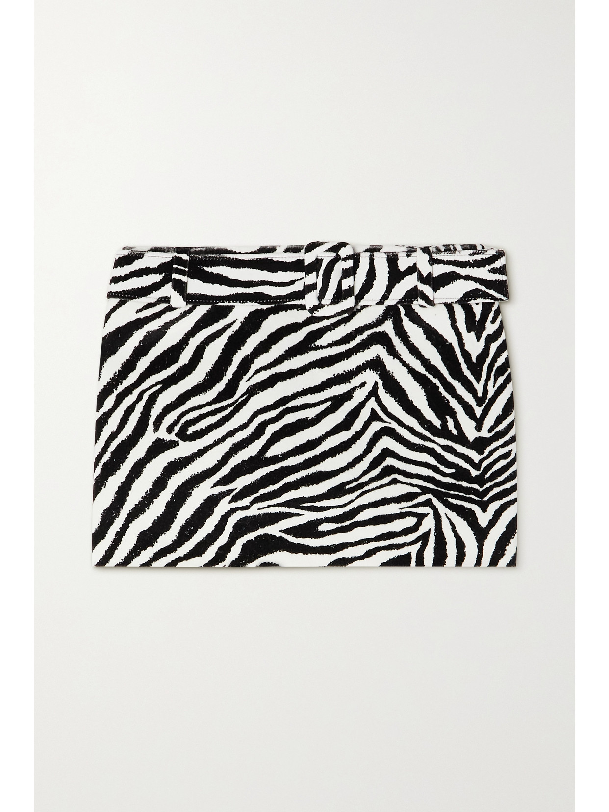 ALESSANDRA RICH BELTED ZEBRA-PRINT COTTON-VELVET MINI SKIRT