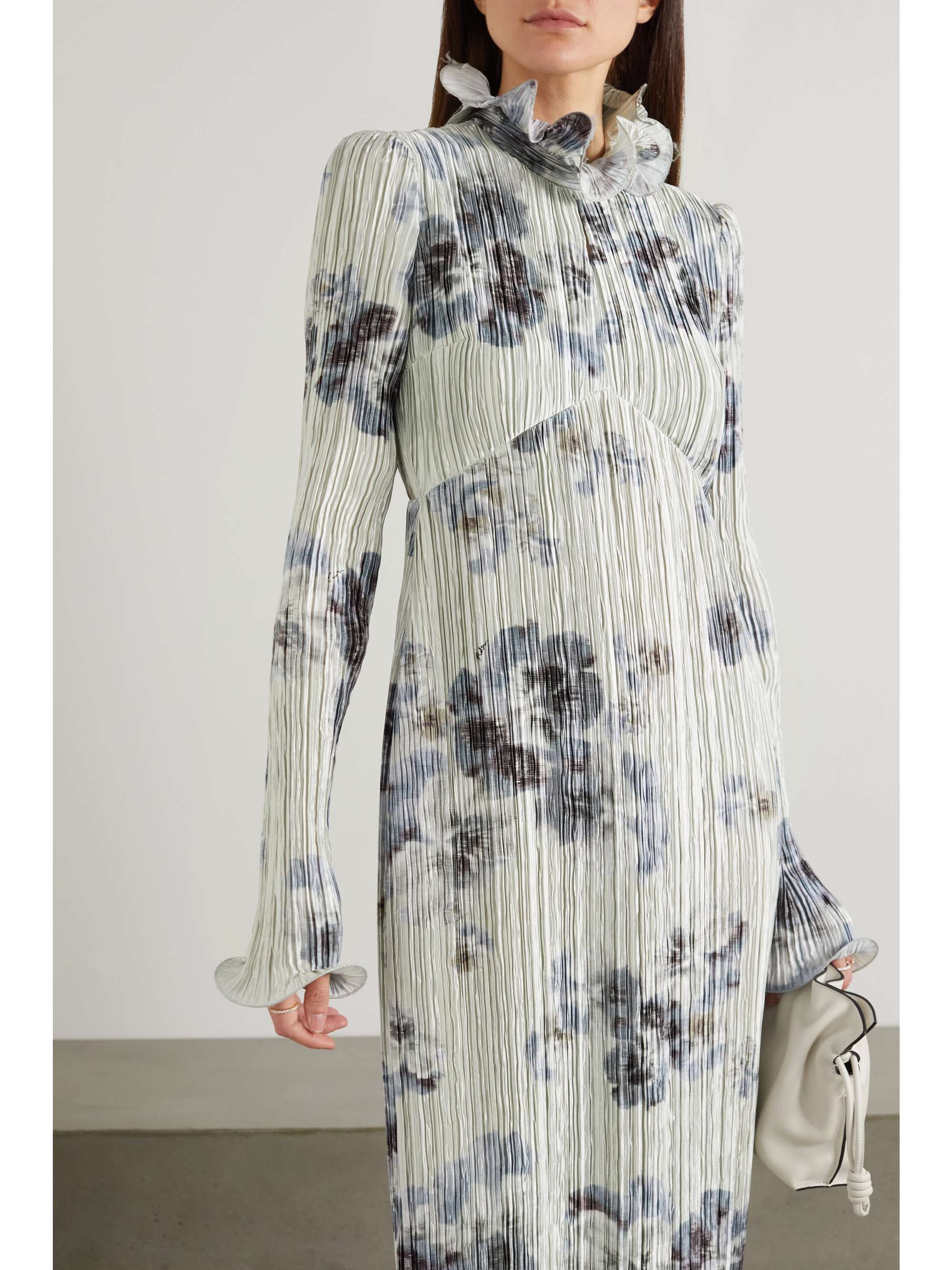 ERDEM Novella 荷叶边印花细褶弹力缎布礼服