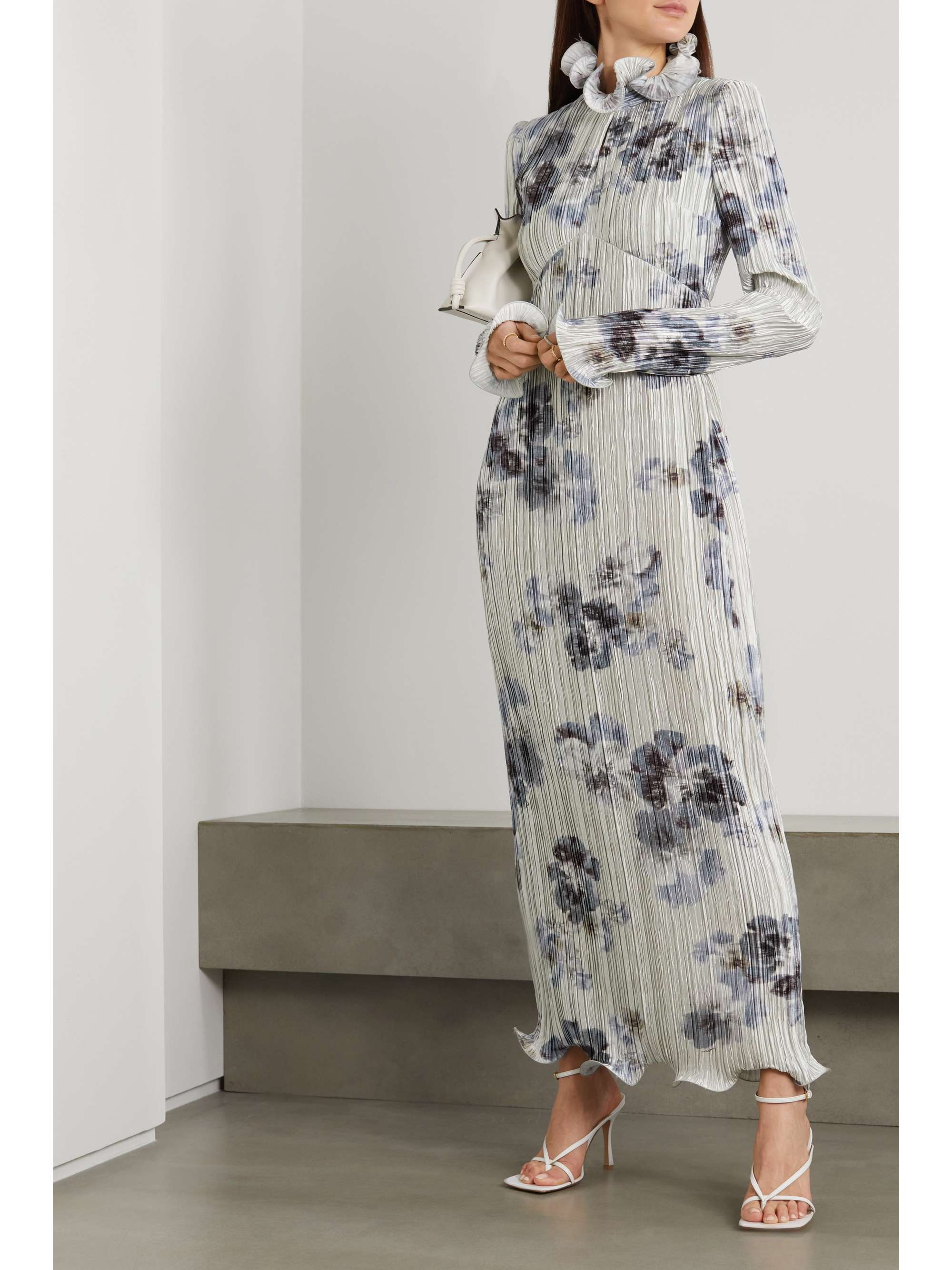ERDEM Novella 荷叶边印花细褶弹力缎布礼服