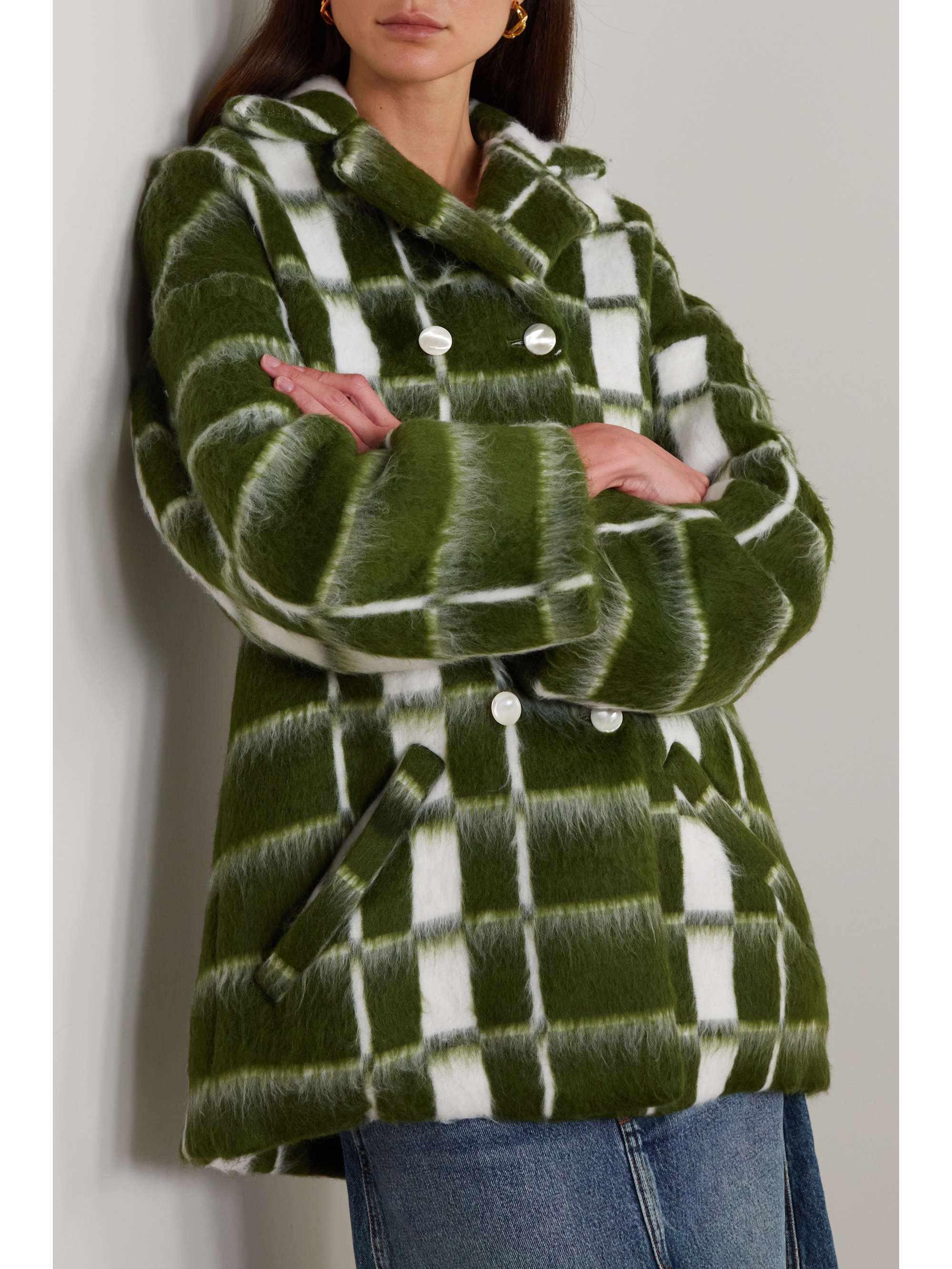 CONNER IVES + NET SUSTAIN double-breasted checked brushed wool-blend coat