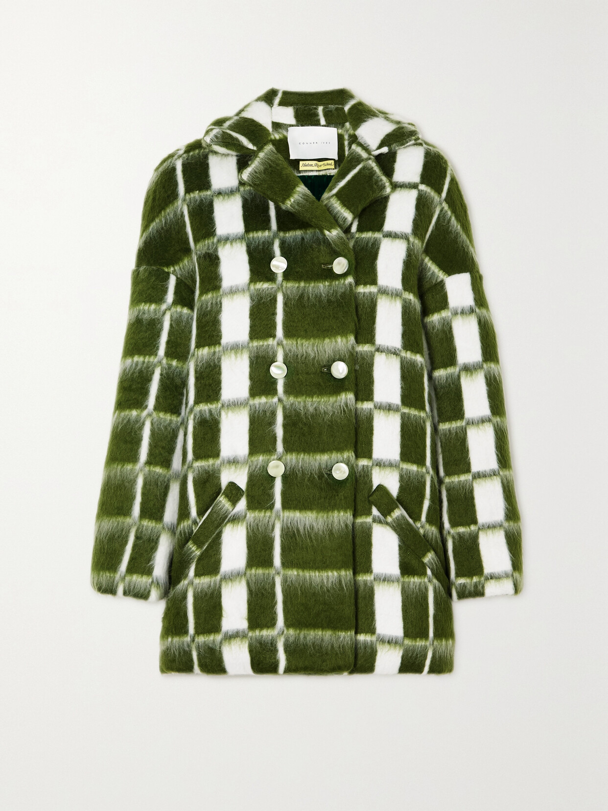 Conner Ives - + Net Sustain Double-breasted Checked Brushed Wool-blend Coat - Green