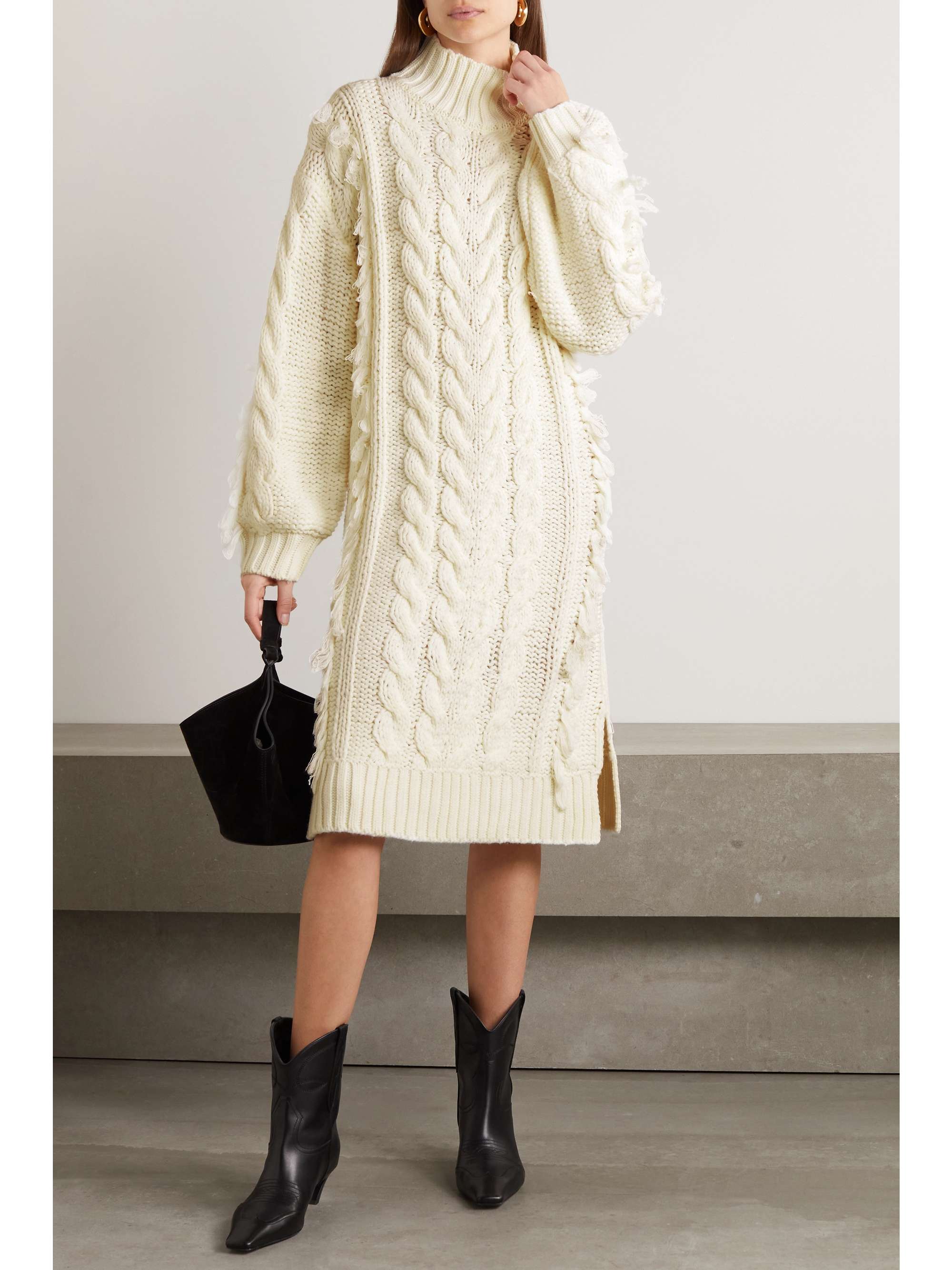 FARM RIO Fringed cable-knit midi dress