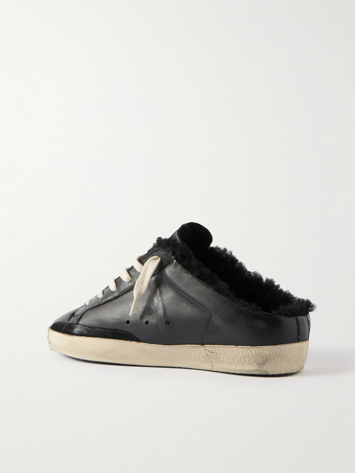 Golden Goose Super-star Sabot Distressed Shearling-lined Leather Slip-on Sneakers In Black