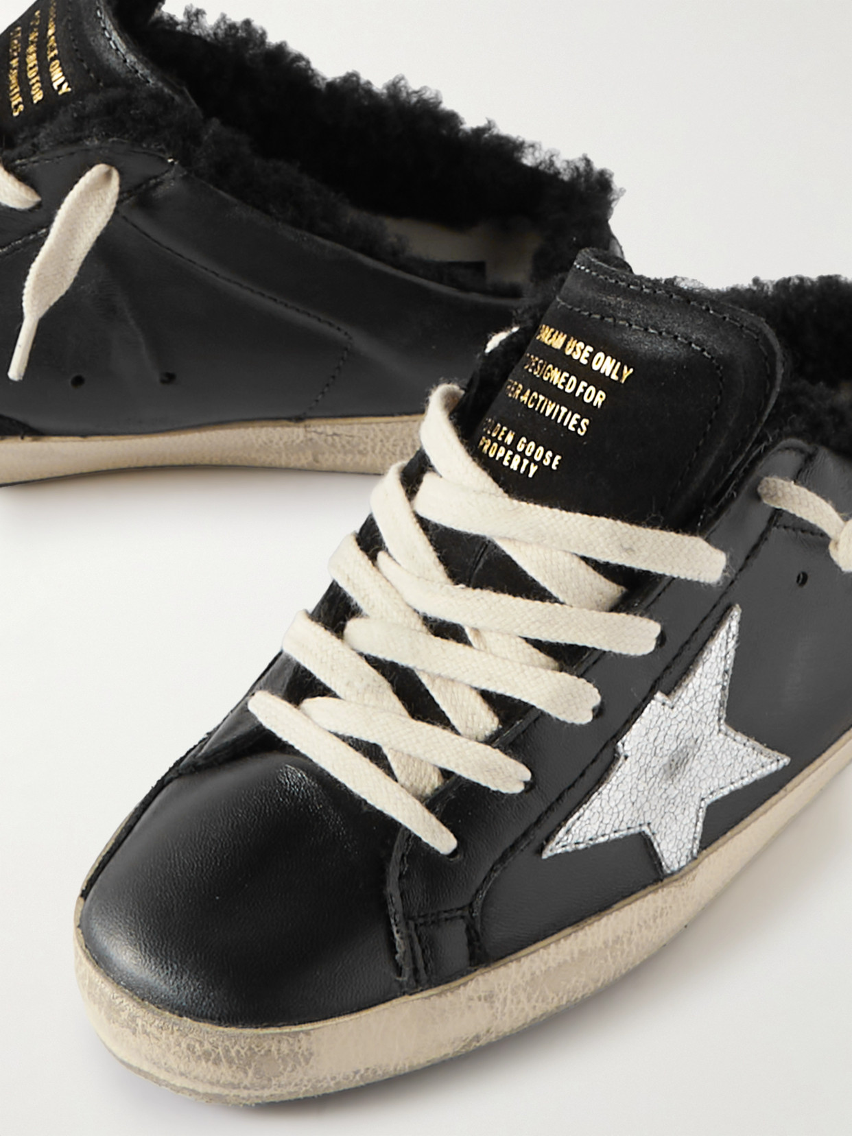 Golden Goose Super-star Sabot Distressed Shearling-lined Leather Slip-on Sneakers In Black