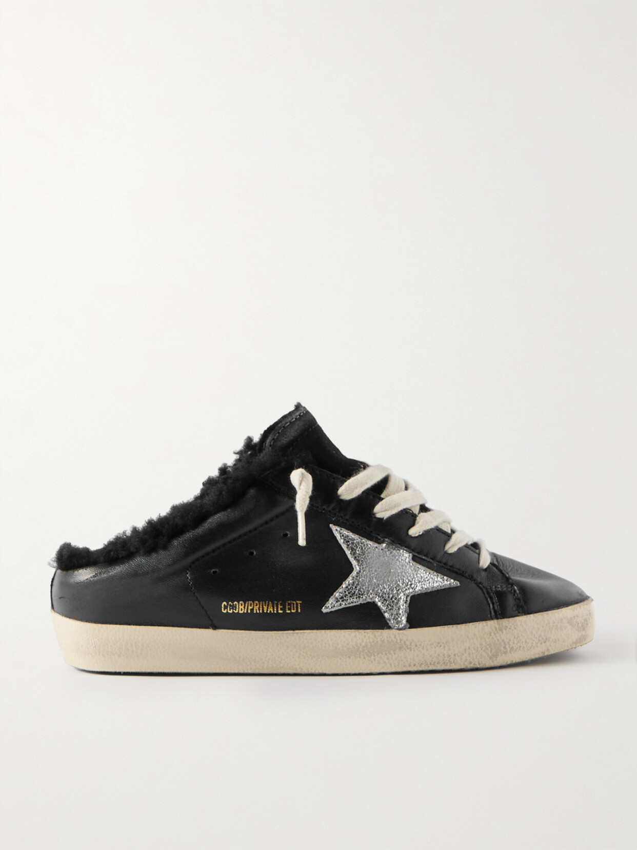 Golden Goose Super-star Sabot Distressed Shearling-lined Leather Slip-on Sneakers In Black