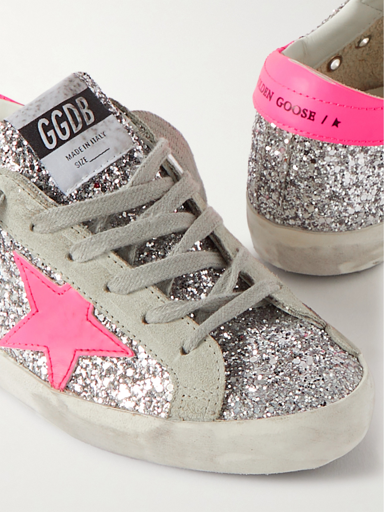 Golden Goose Superstar Glittered Distressed Leather And Suede Sneakers In Silver
