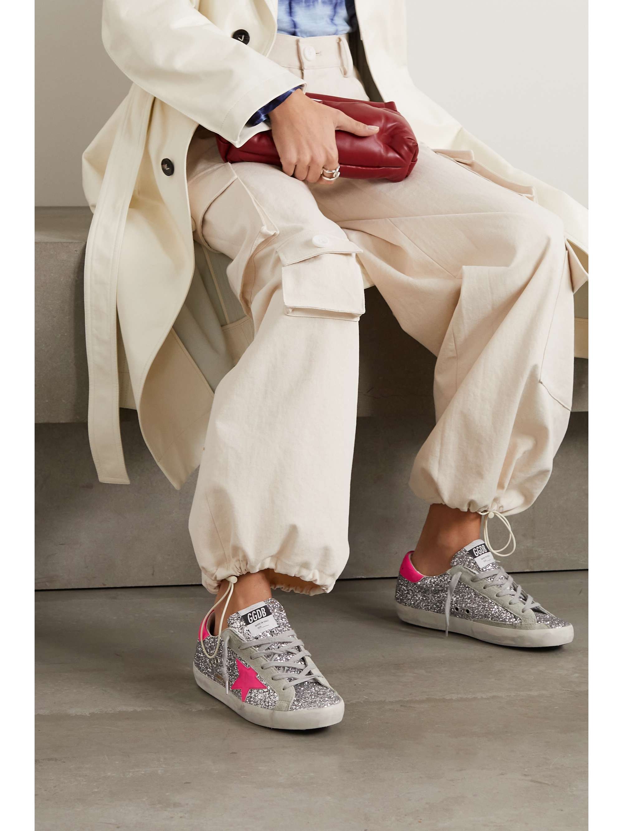 GOLDEN GOOSE Superstar glittered distressed leather and suede sneakers |  NET-A-PORTER