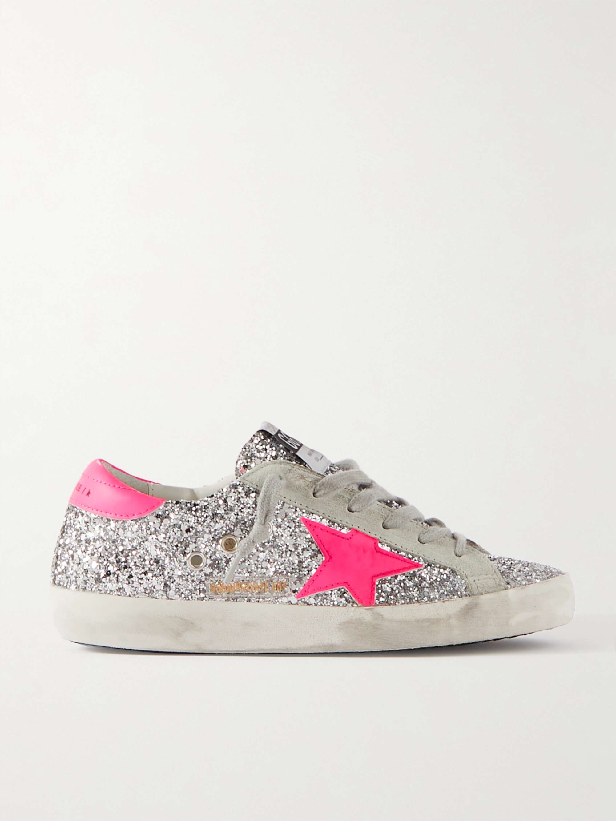 GOLDEN GOOSE Superstar glittered distressed leather and suede sneakers |  NET-A-PORTER