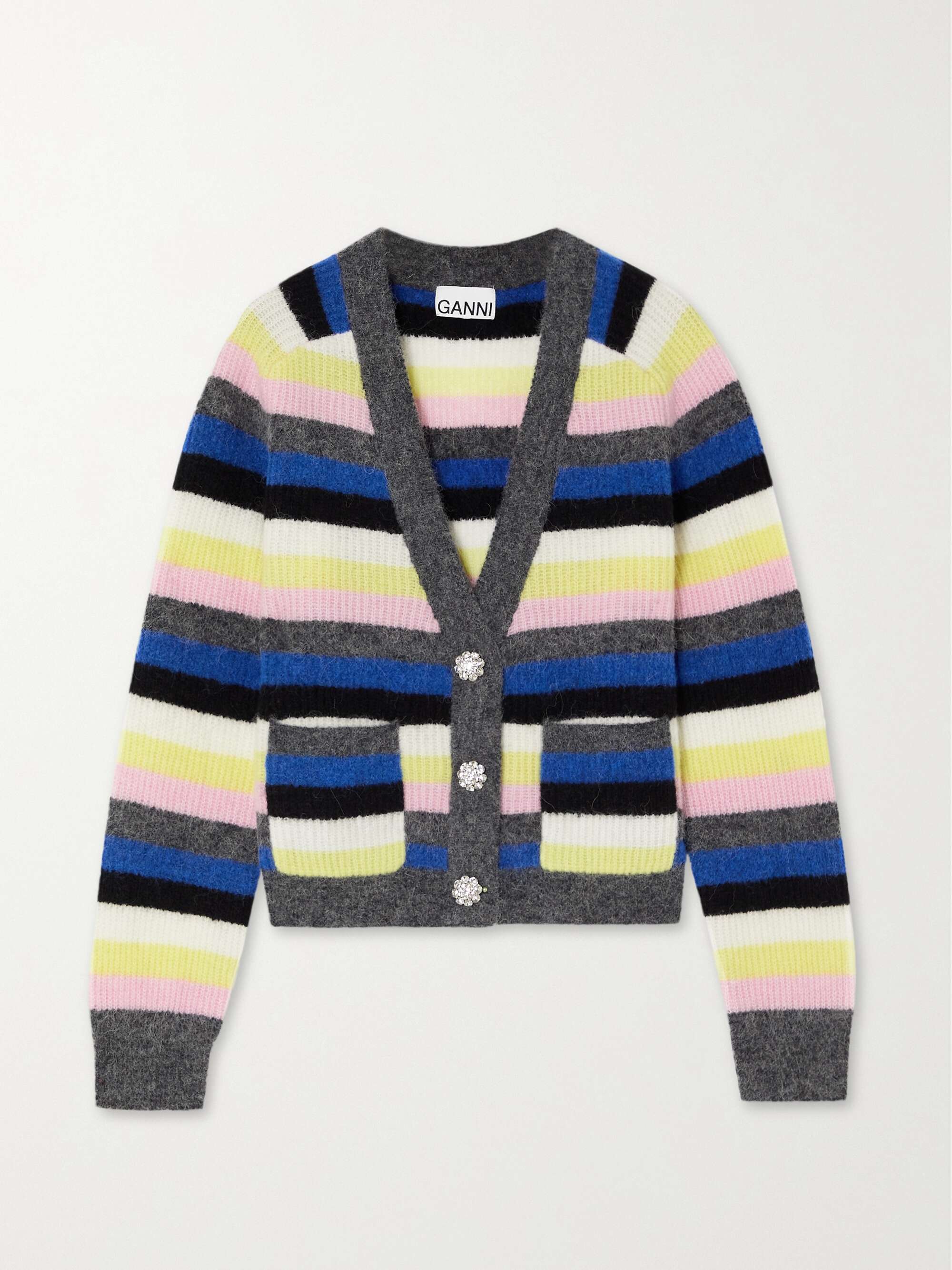 GANNI Embellished striped ribbed-knit cardigan | NET-A-PORTER