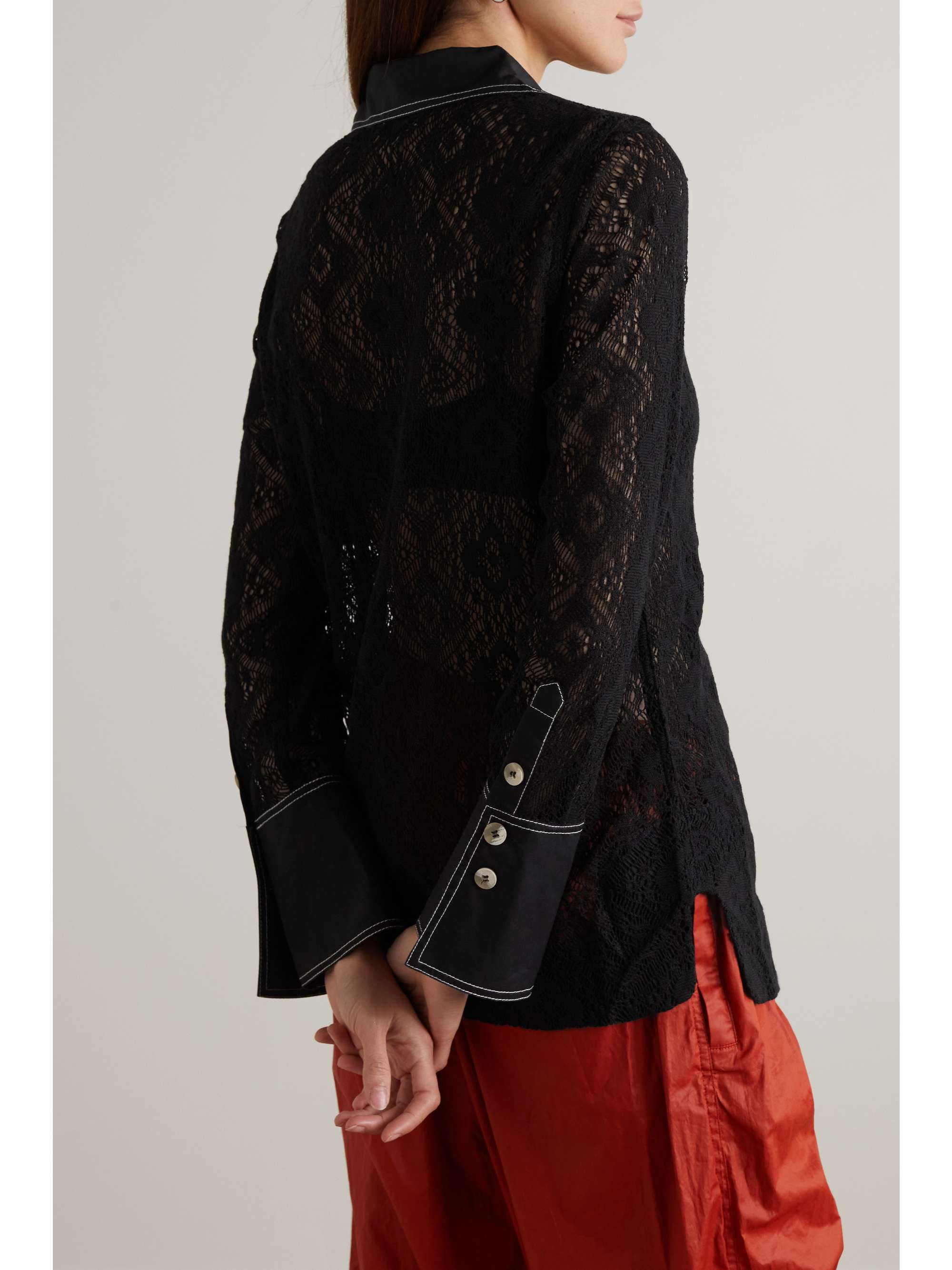Poplin-trimmed recycled crocheted lace shirt
