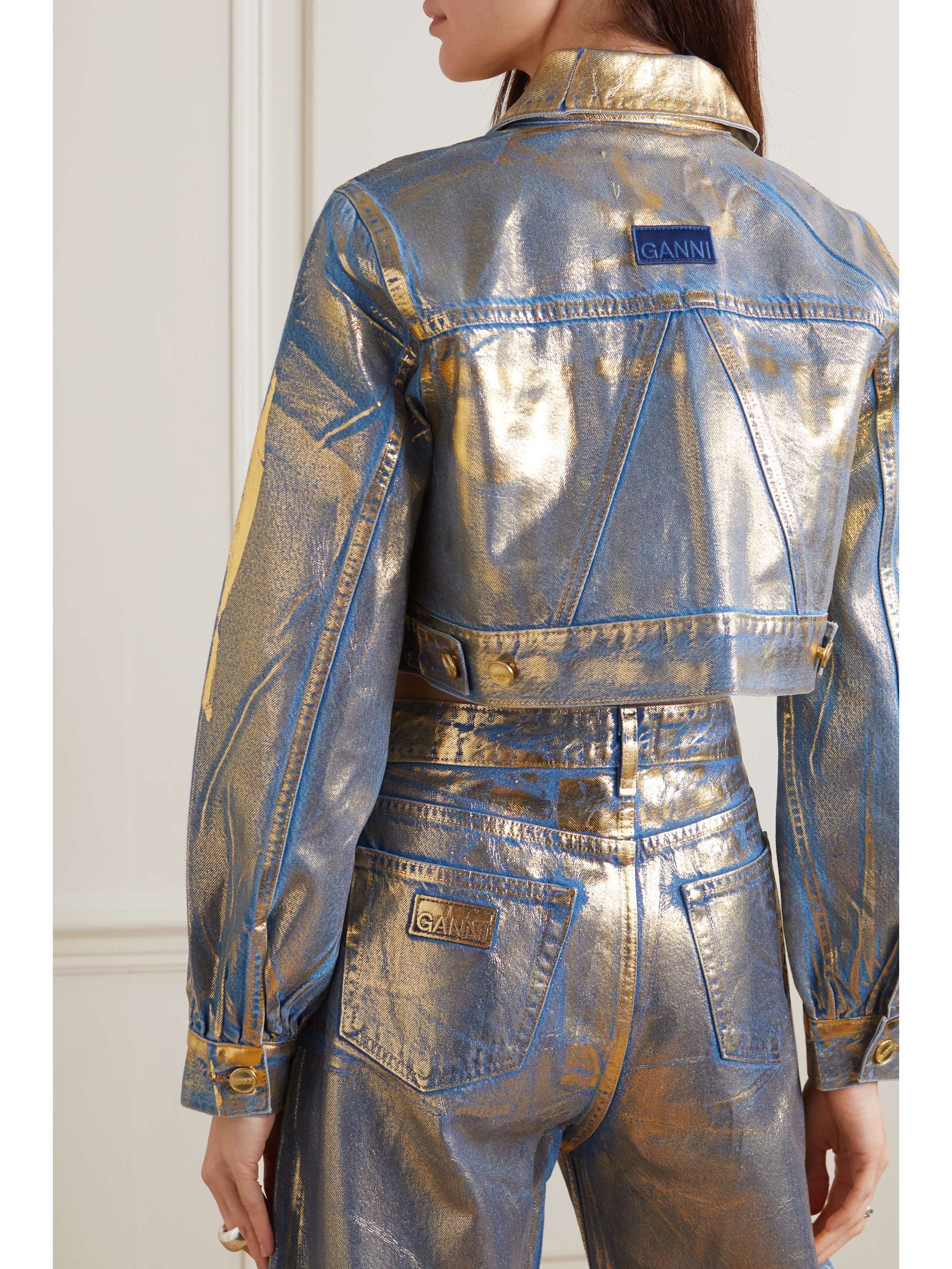 GANNI Cropped metallic organic denim jacket