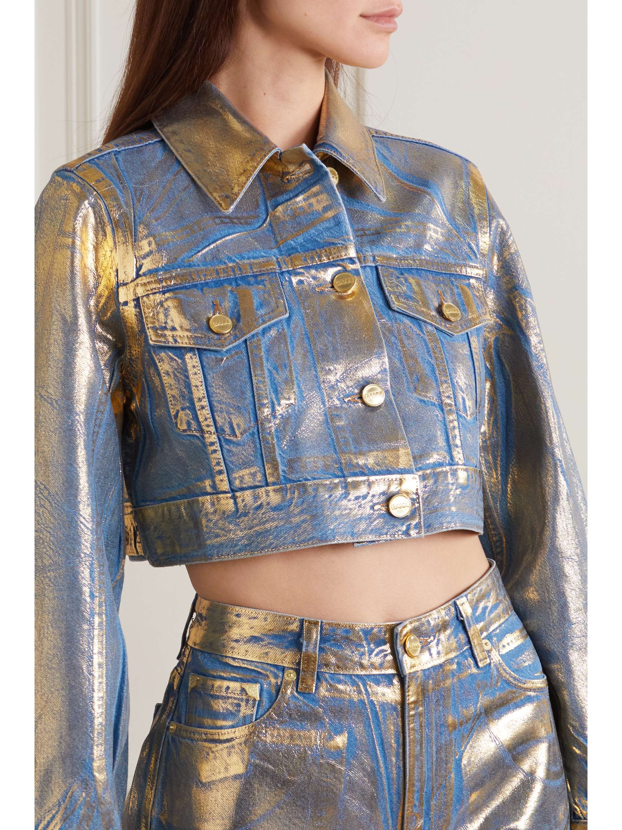 GANNI Cropped metallic organic denim jacket