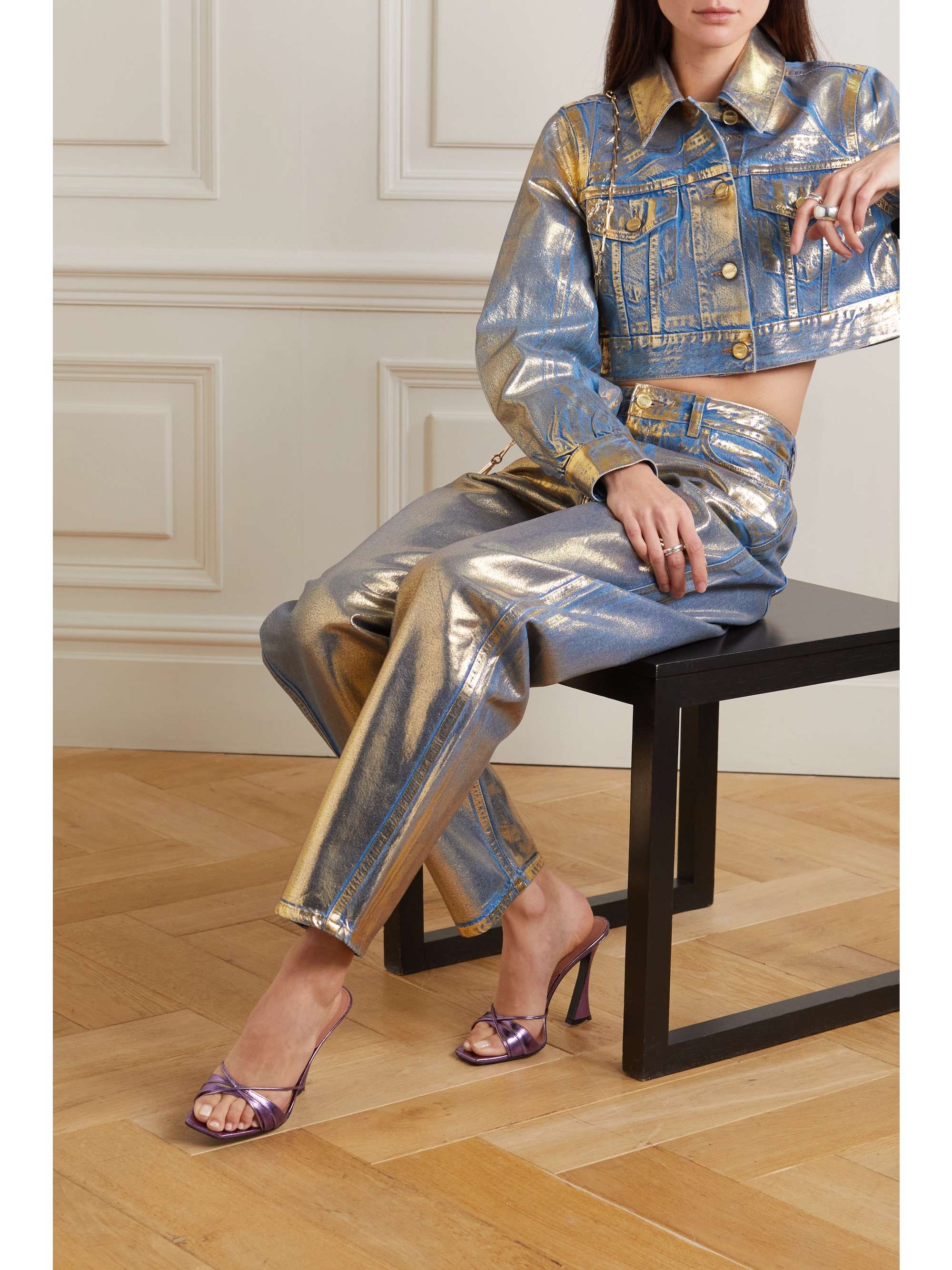 GANNI Cropped metallic organic denim jacket