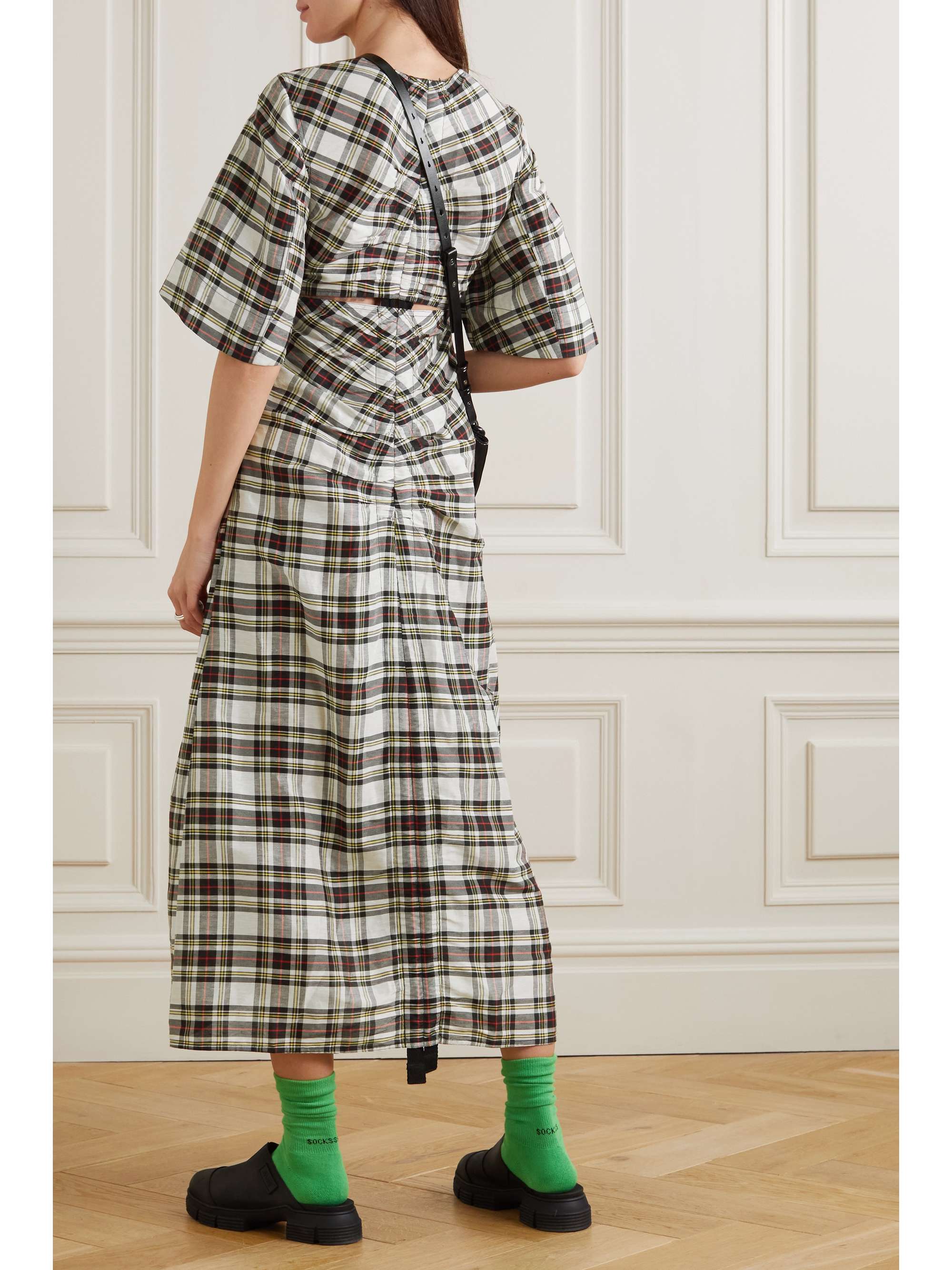 GANNI Cutout ruched checked linen and silk-blend midi dress