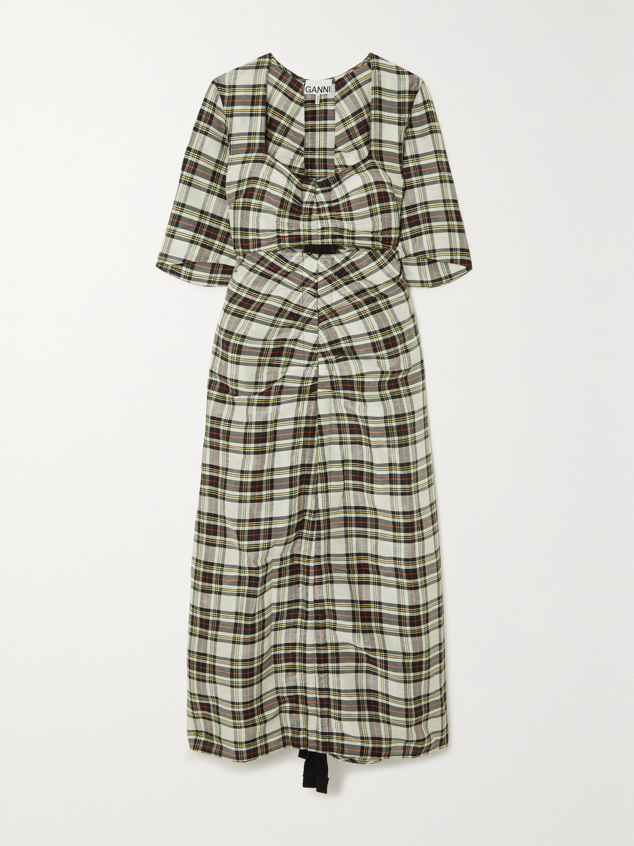 GANNI CUTOUT RUCHED CHECKED LINEN AND SILK-BLEND MIDI DRESS