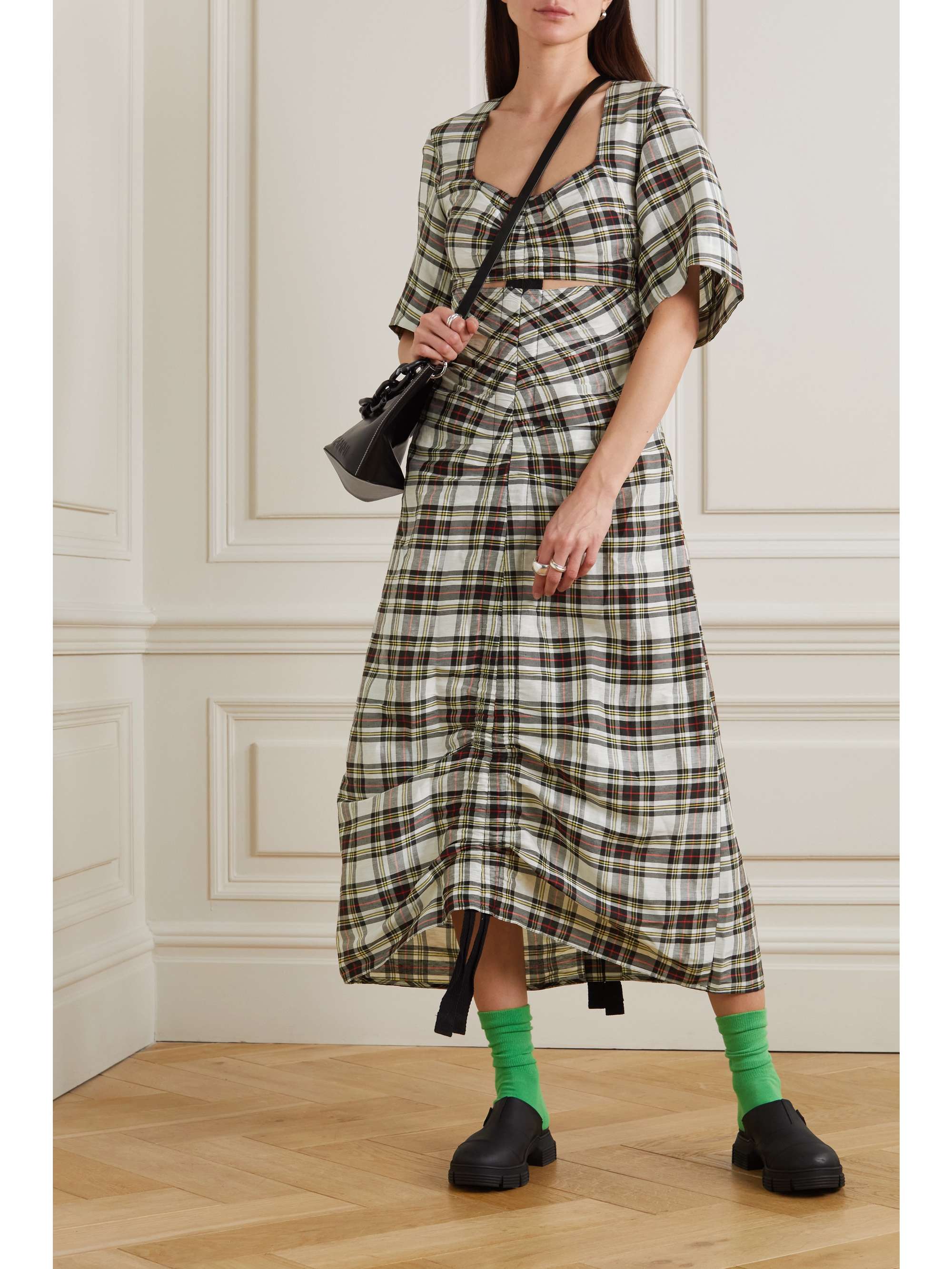GANNI Cutout ruched checked linen and silk-blend midi dress