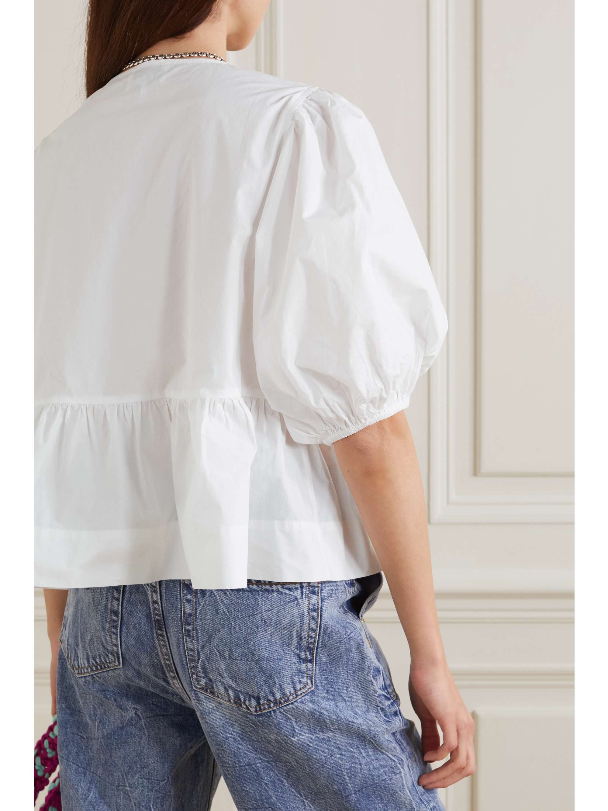 GANNI Tie-front organic cotton-poplin peplum blouse