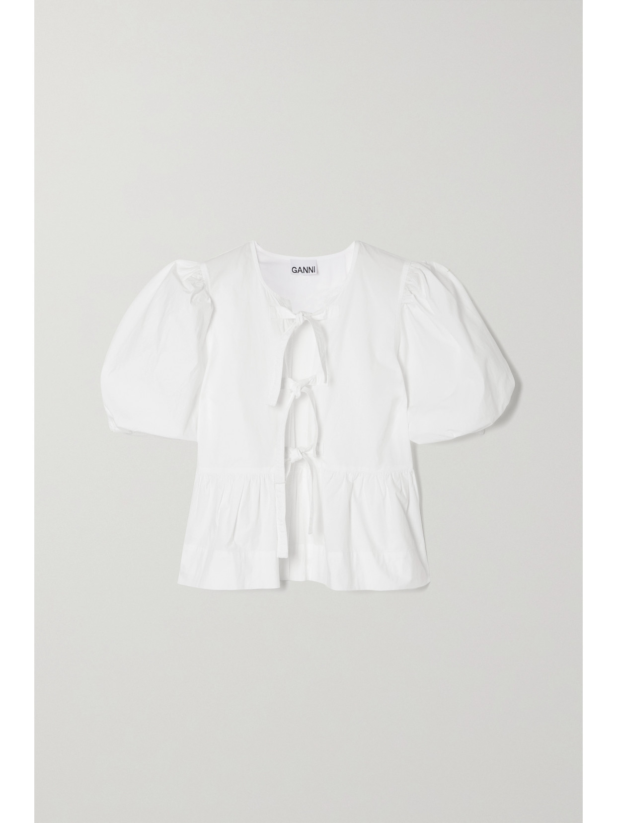 Ganni Tie-front Organic Cotton-poplin Peplum Blouse In White