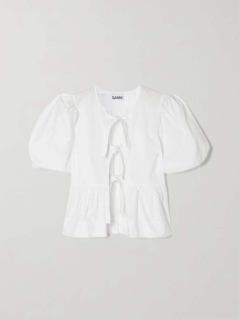 Ganni Tie-front Organic Cotton-poplin Peplum Blouse