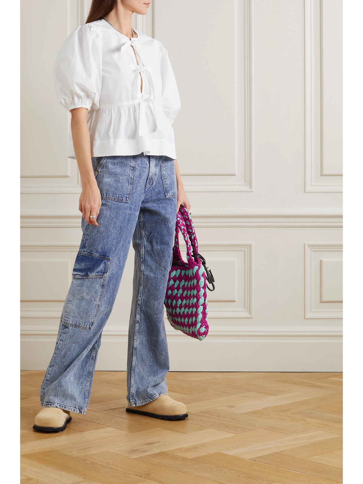 Ganni Poplin Front-tie Peplum Blouse With Puffed-sleeves In White