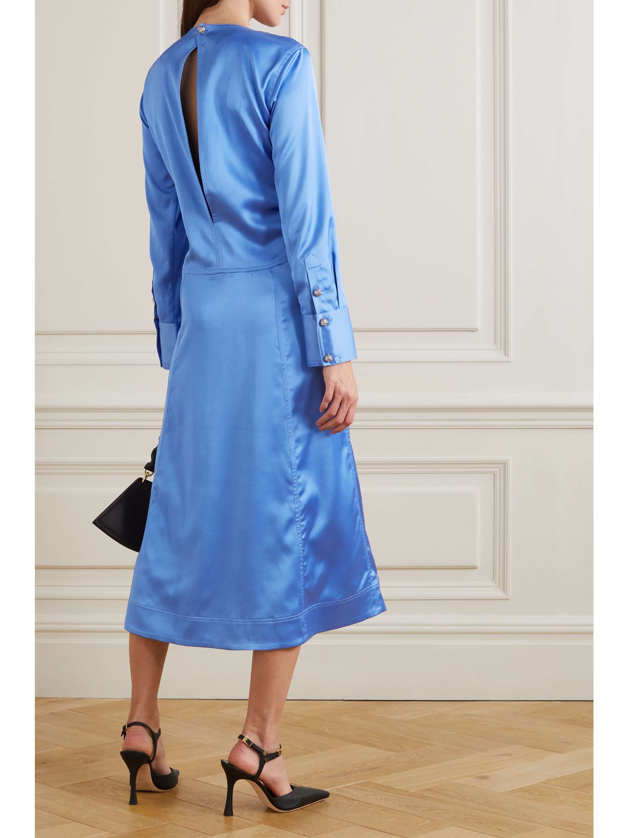 GANNI Ruched cutout recycled stretch-satin midi dress