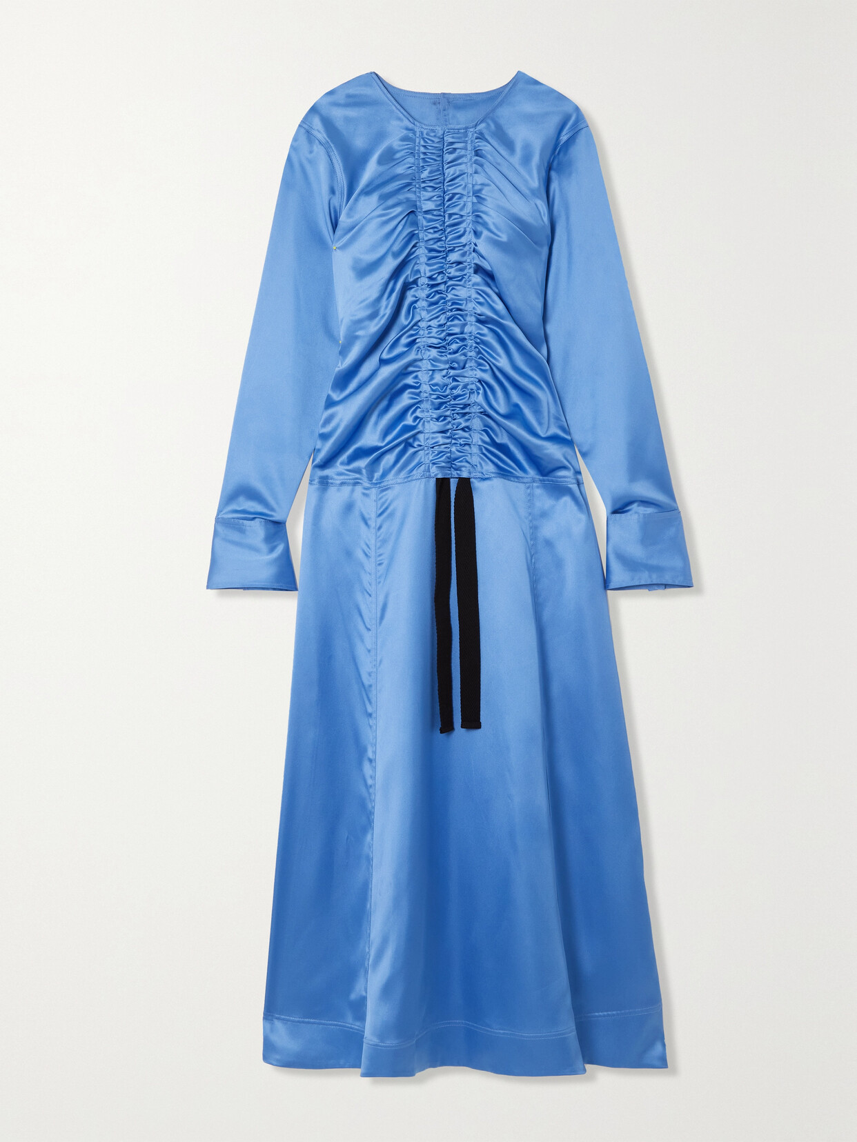 Ganni Ruched Cutout Recycled Stretch-satin Midi Dress In Blue