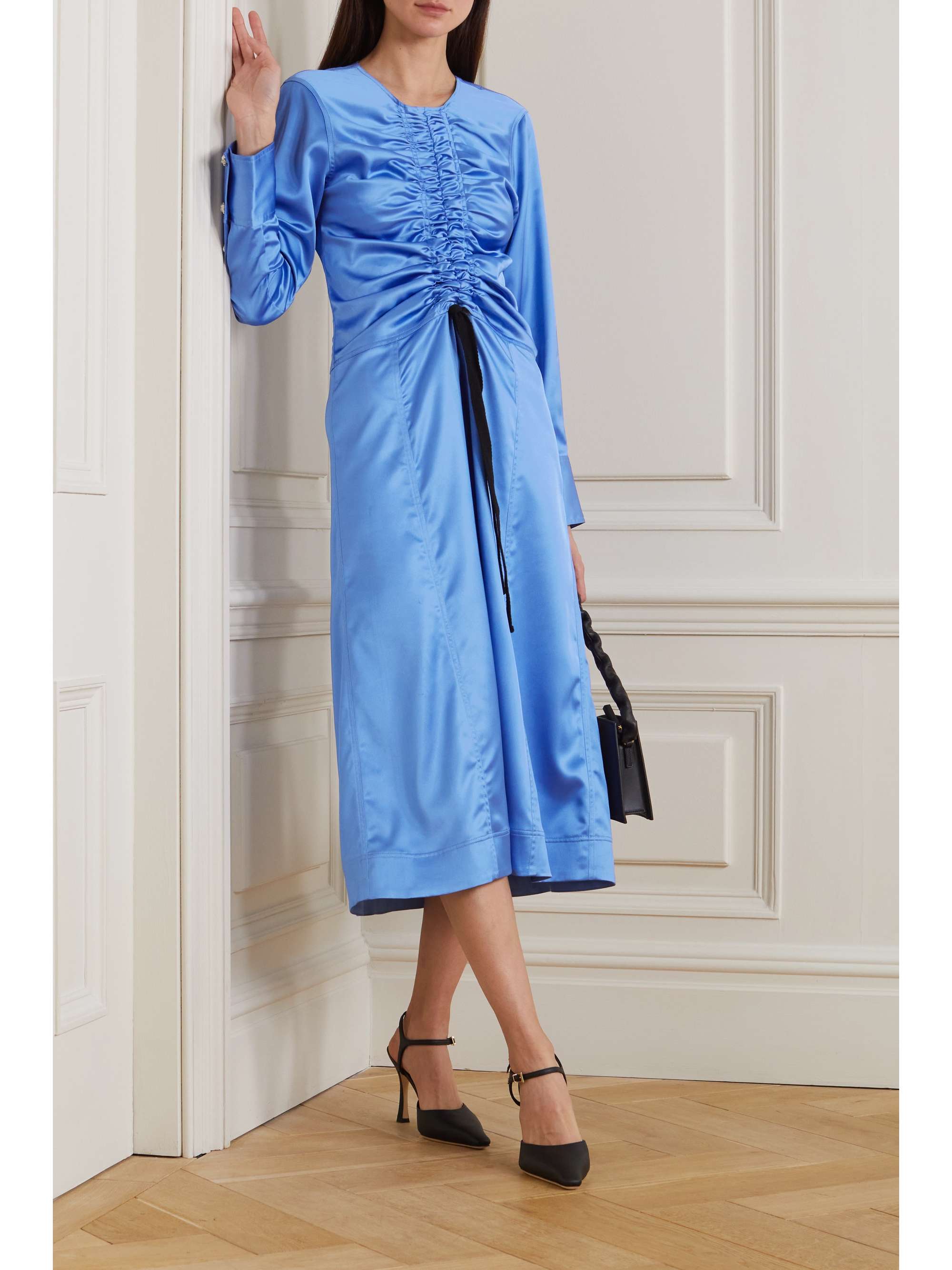GANNI Ruched cutout recycled stretch-satin midi dress