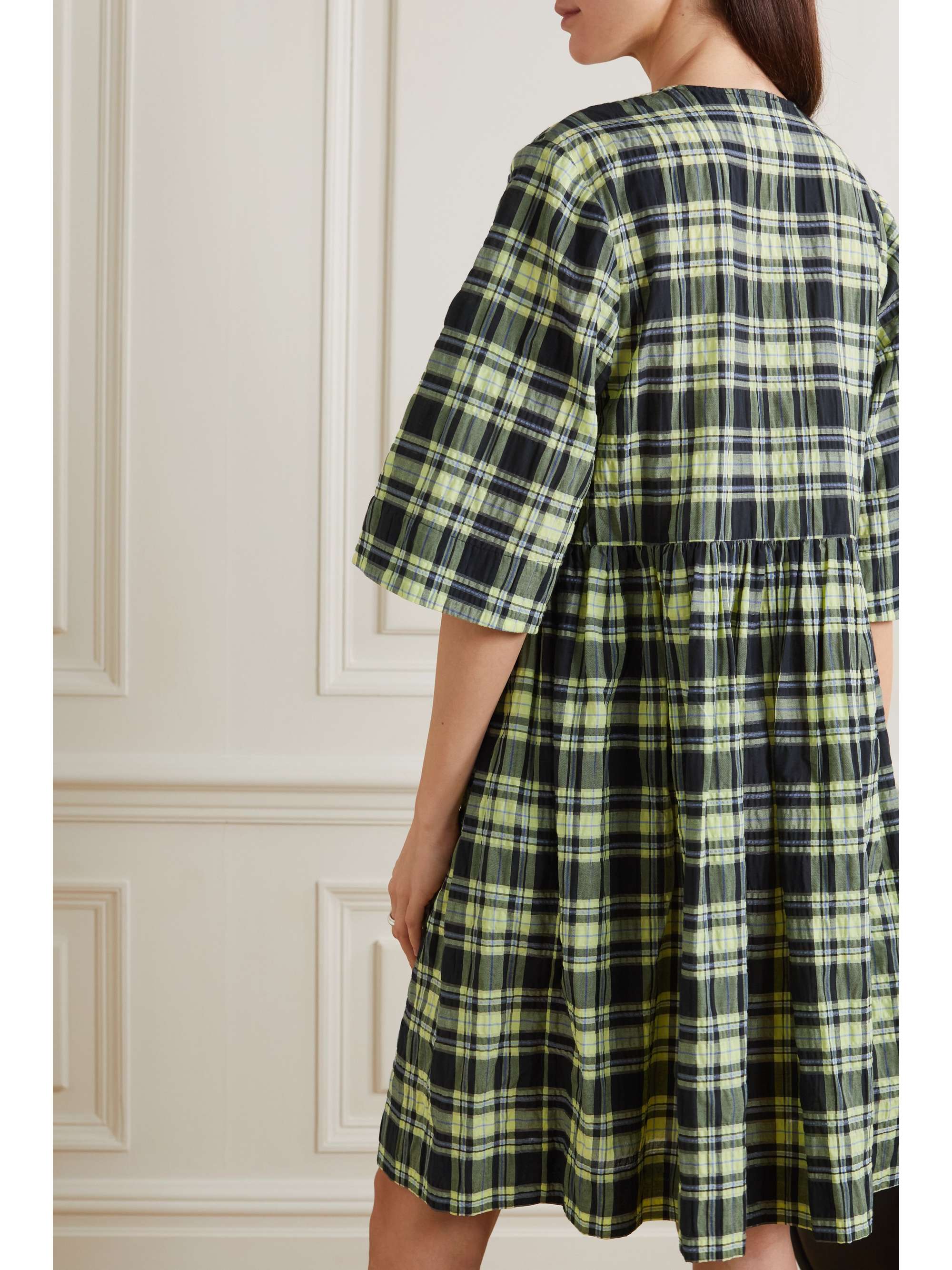 GANNI Wrap-effect checked organic cotton-blend seersucker mini dress