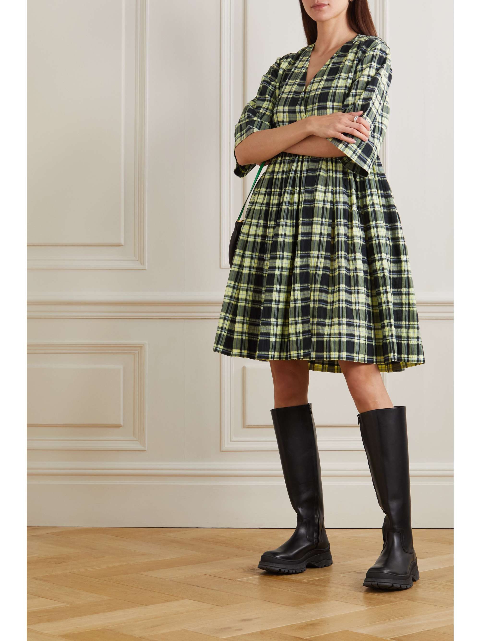 GANNI Wrap-effect checked organic cotton-blend seersucker mini dress