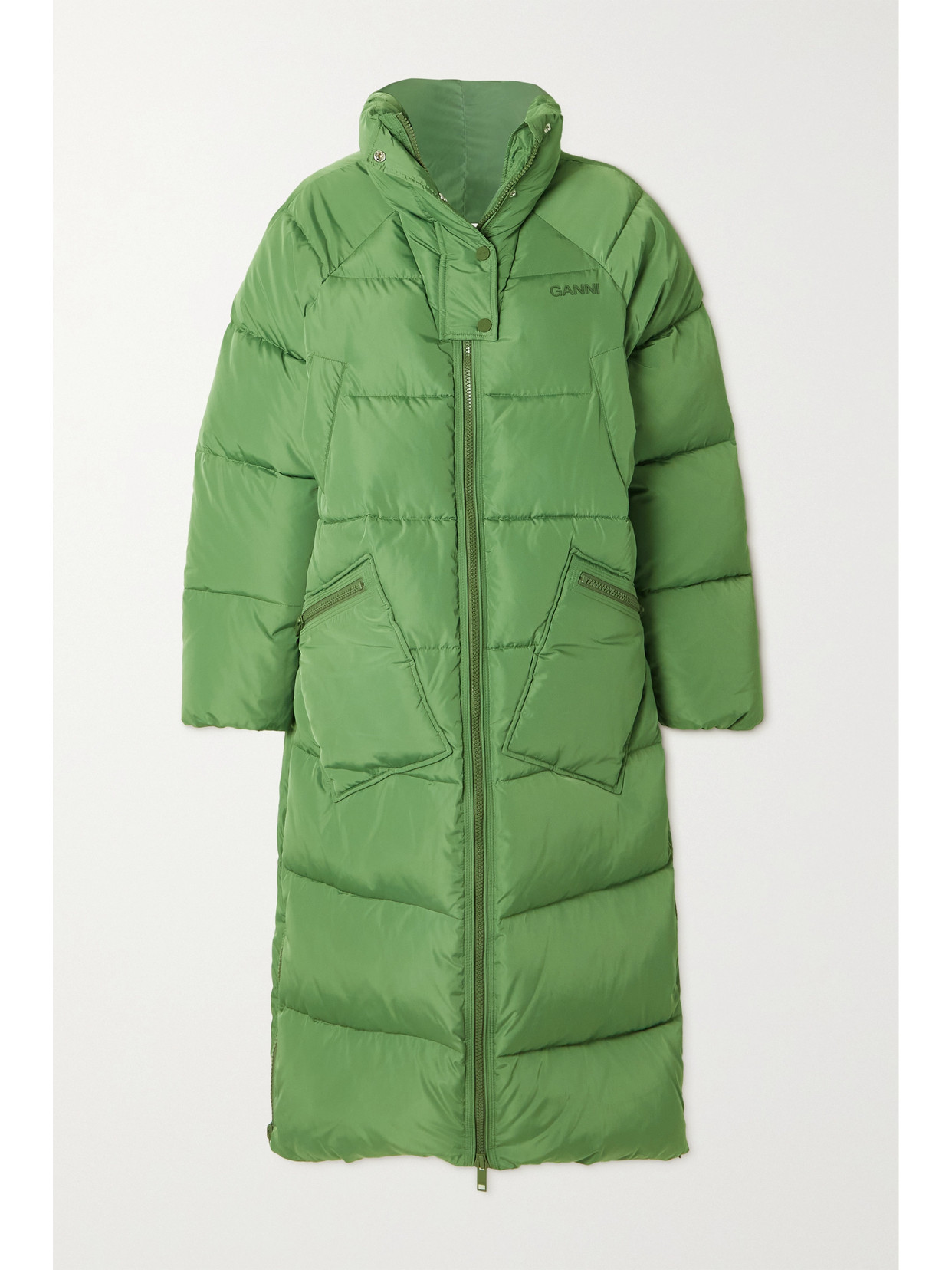 Shop Ganni Oversized Hooded Quilted Padded Recycled Shell Coat In Green