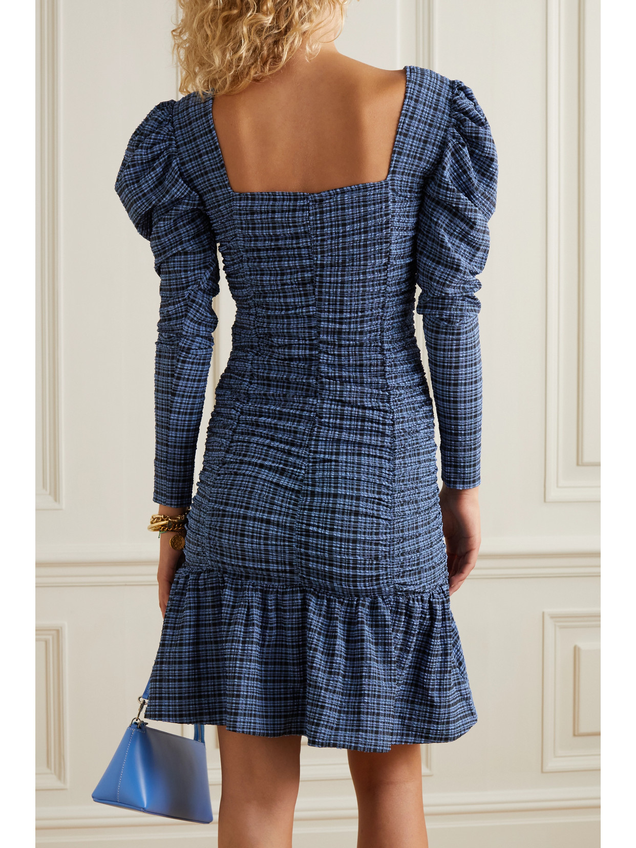 Ganni Blue Checked Seersucker Mini Dress In 379 Mini Check Granada Sky