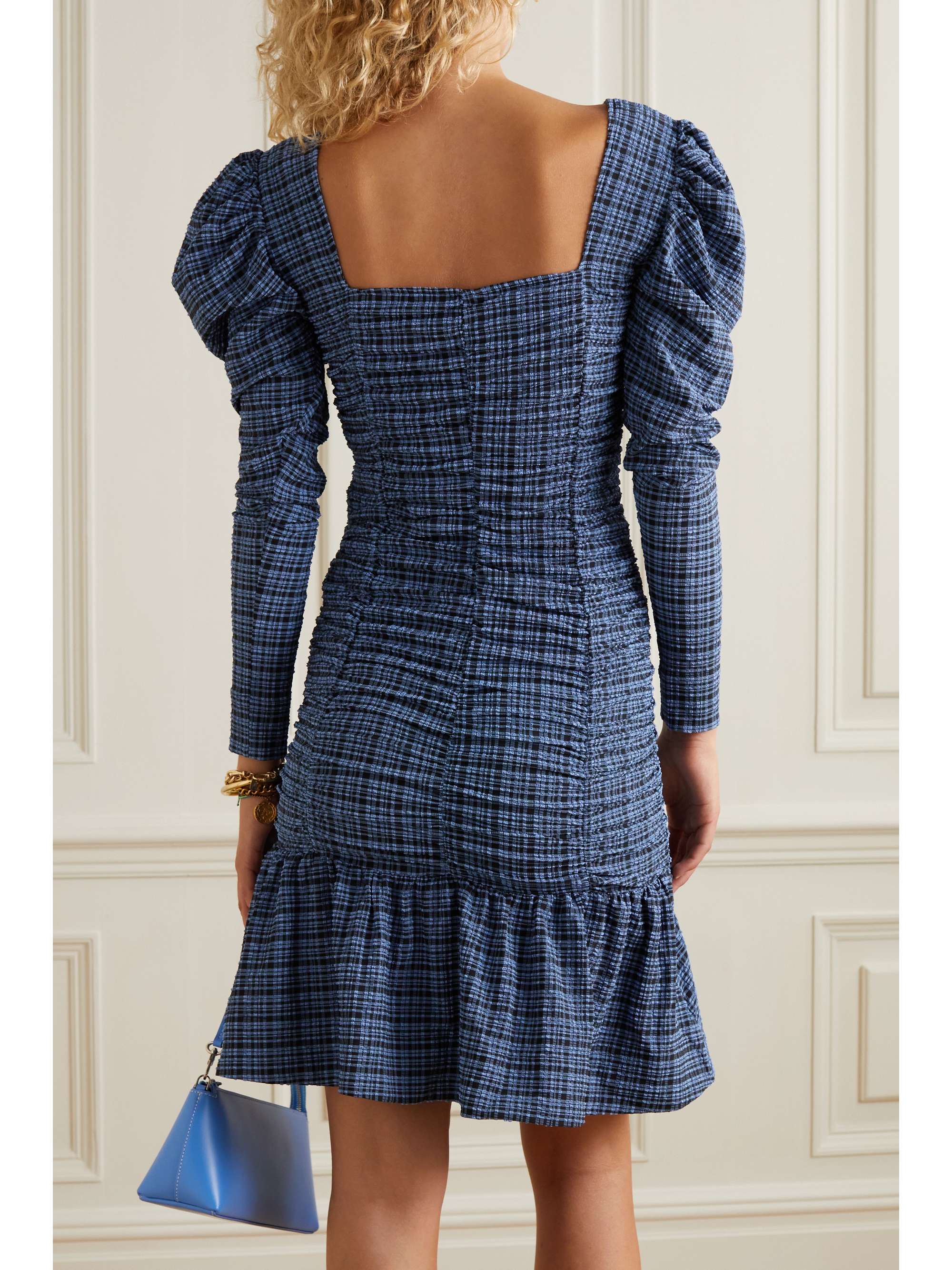 GANNI Ruched checked stretch recycled-seersucker mini dress