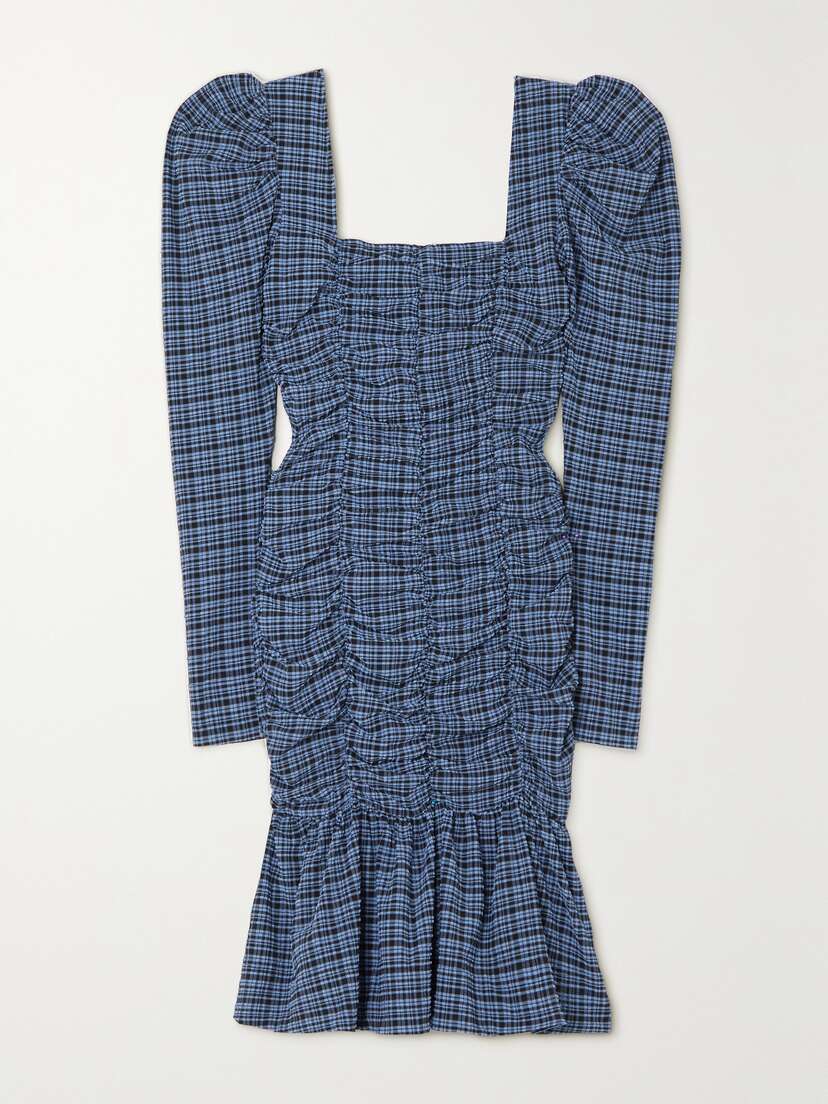 Ganni Ruched Checked Stretch Recycled-seersucker Mini Dress
