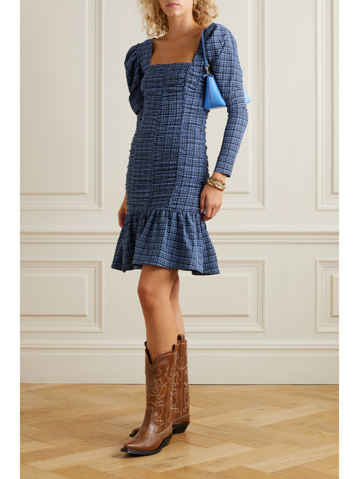 Ganni Blue Checked Seersucker Mini Dress In 379 Mini Check Granada Sky