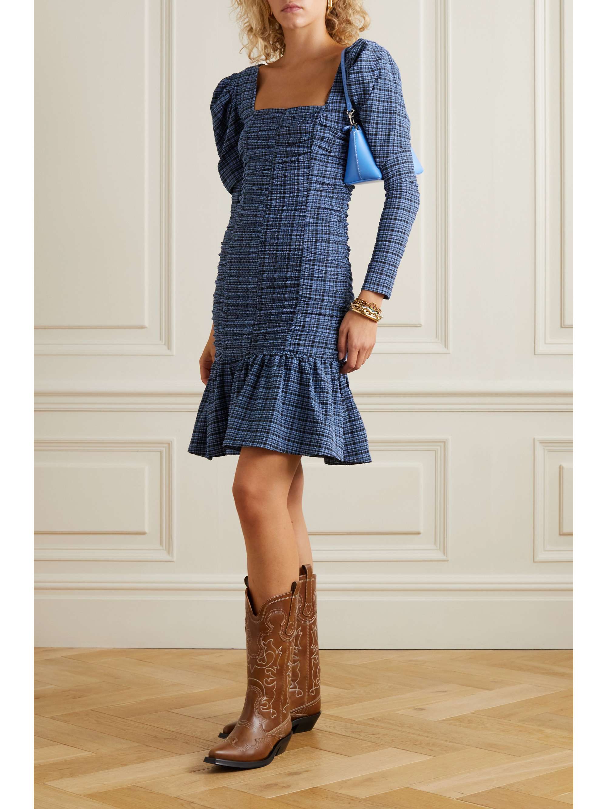 GANNI Ruched checked stretch recycled-seersucker mini dress