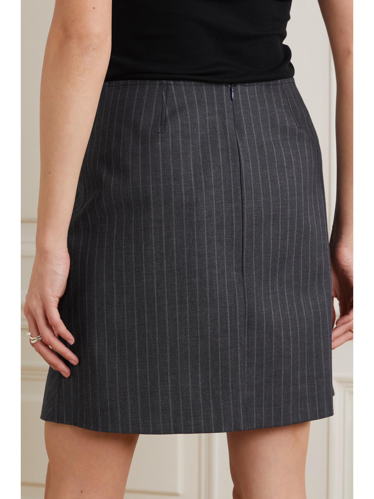 Ganni Ruched Pinstriped Recycled Twill Mini Skirt In Gray