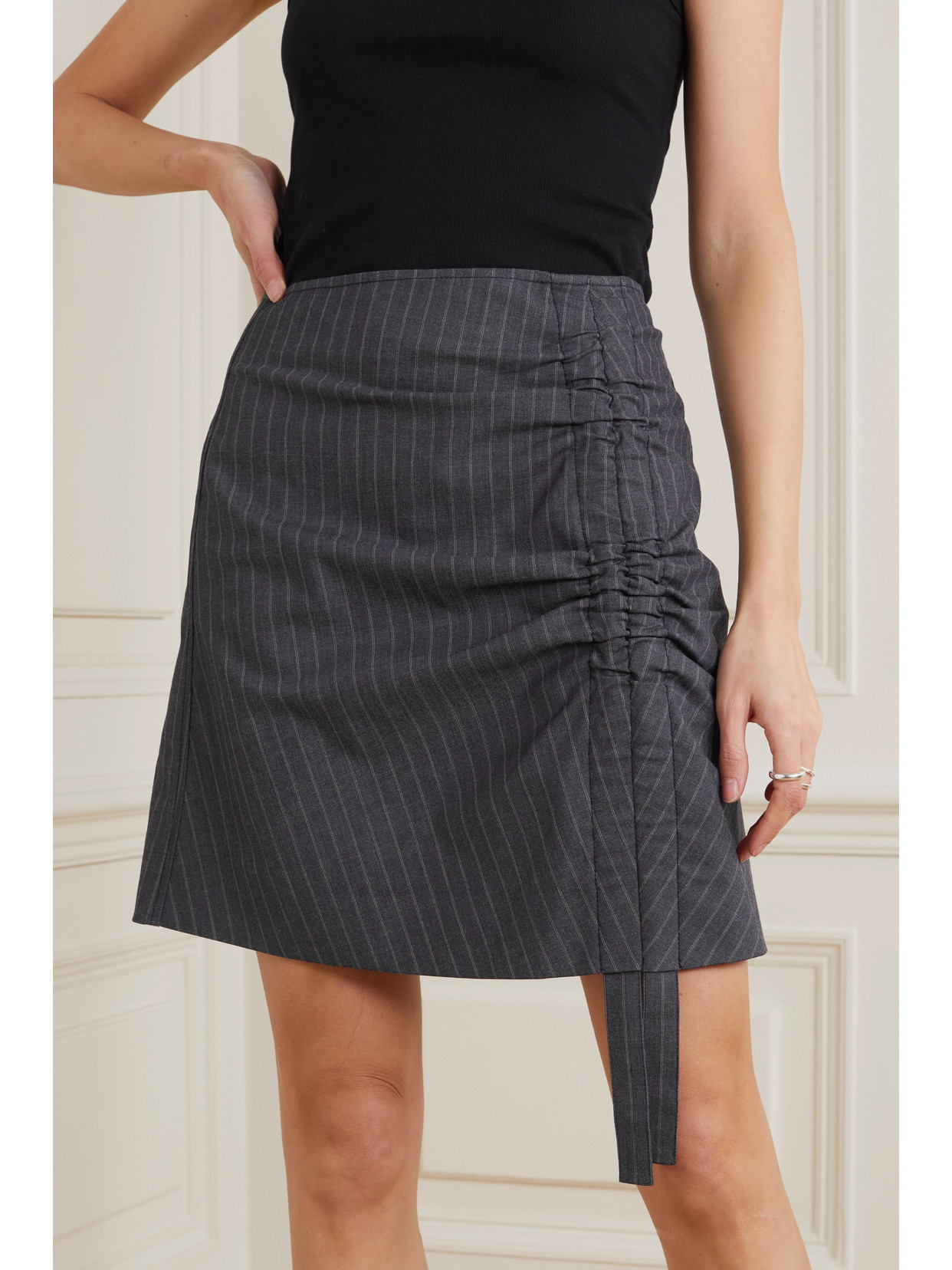 Ganni Ruched Pinstriped Recycled Twill Mini Skirt In Gray