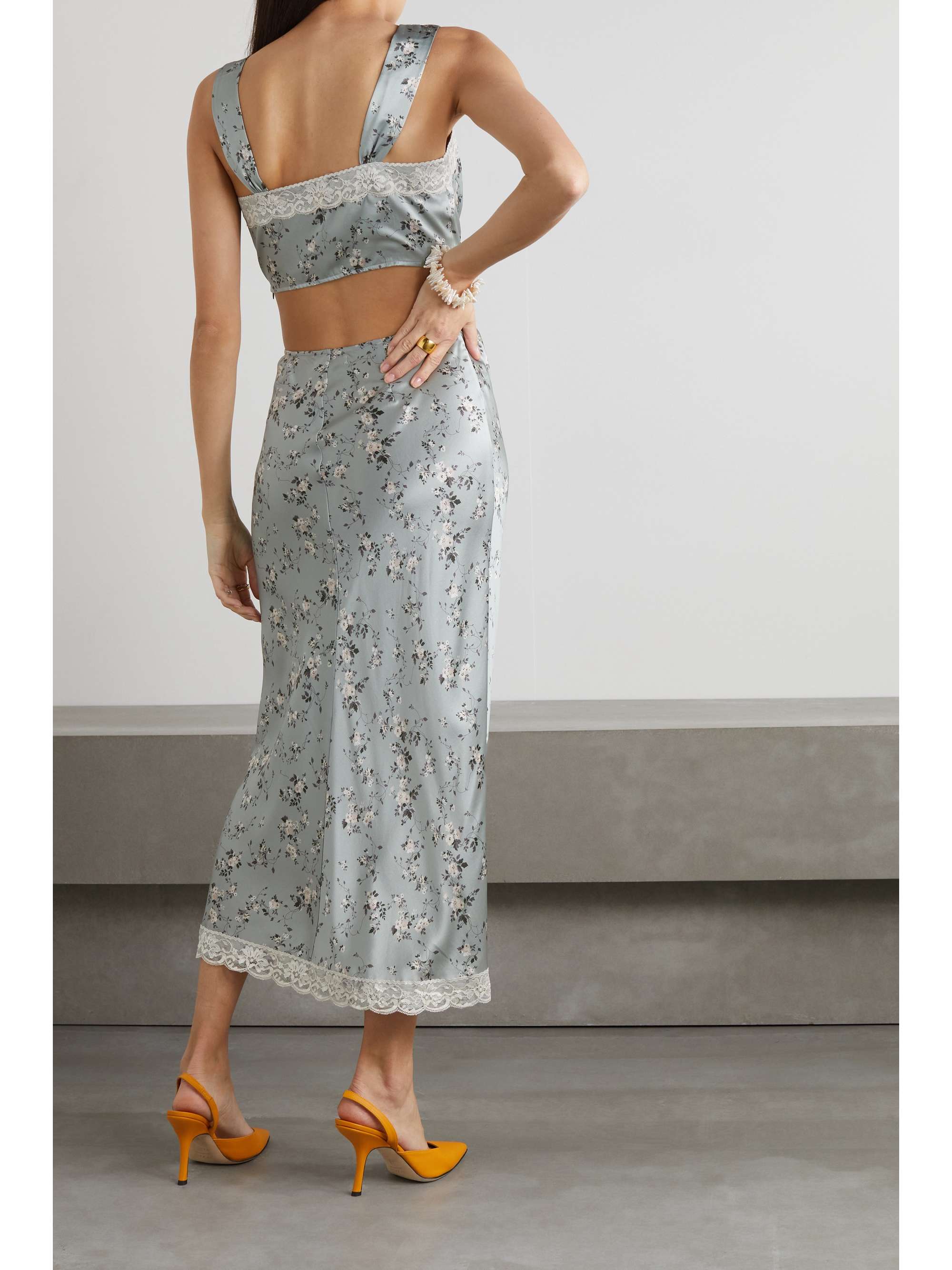 REFORMATION Beatrice lace-trimmed floral-print silk-charmeuse top and midi skirt set