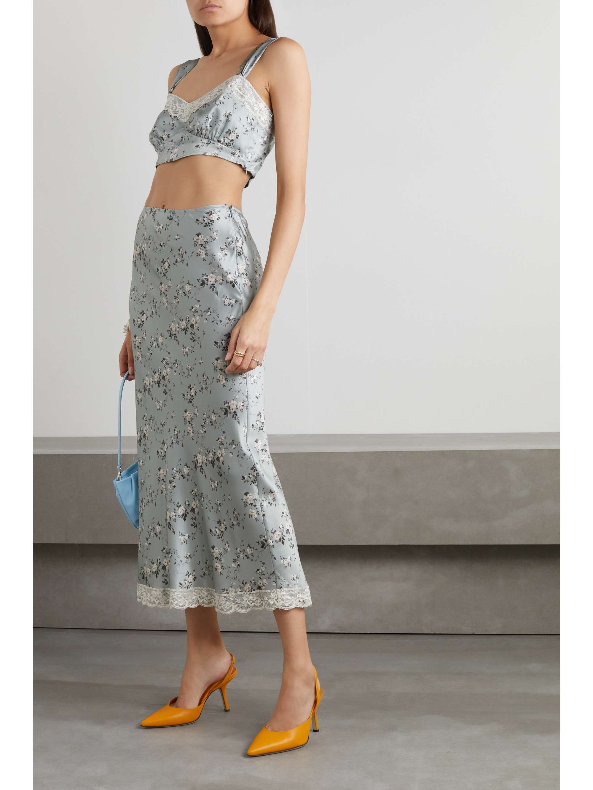 REFORMATION Beatrice lace-trimmed floral-print silk-charmeuse top and midi skirt set