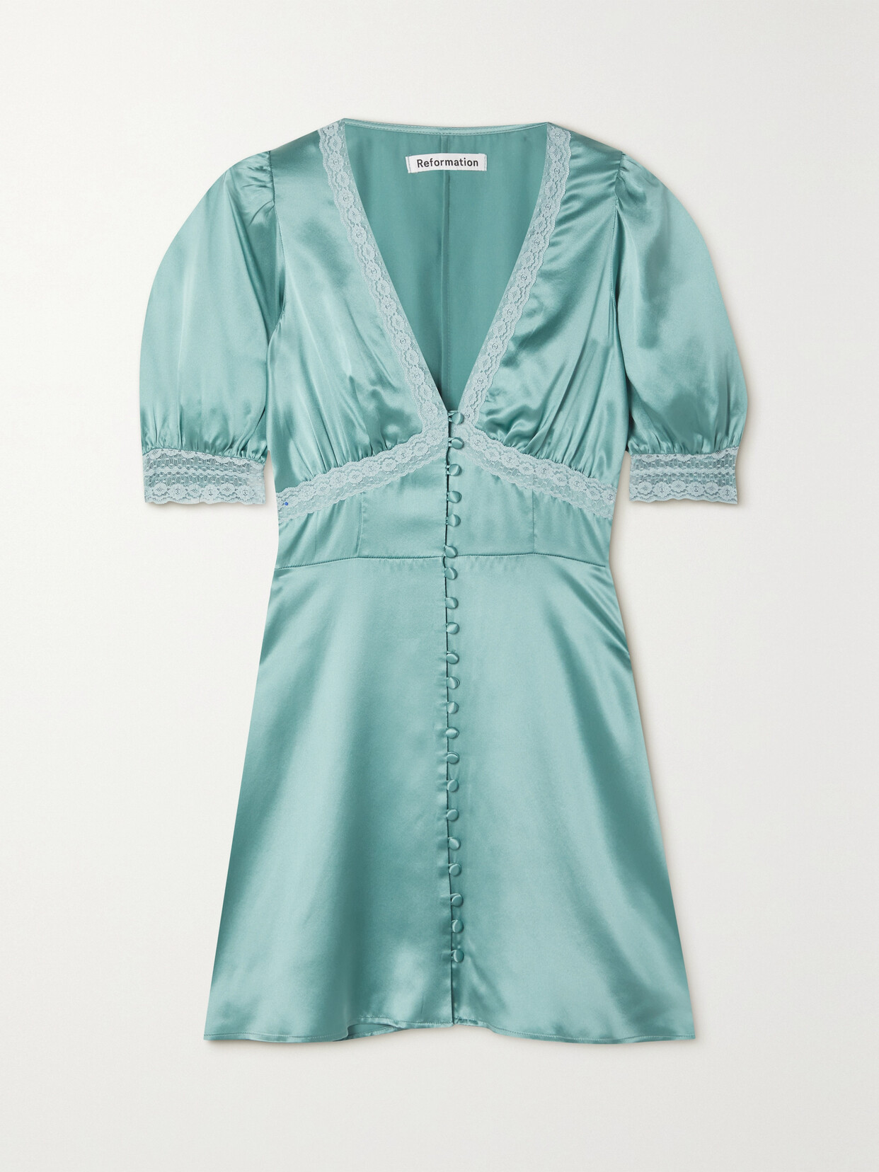 Reformation Brigitta Lace-trimmed Silk-charmeuse Mini Dress In Blue | ModeSens Reformation Brigitta Lace-trimmed Silk-charmeuse Mini Dress In Blue | ModeSens