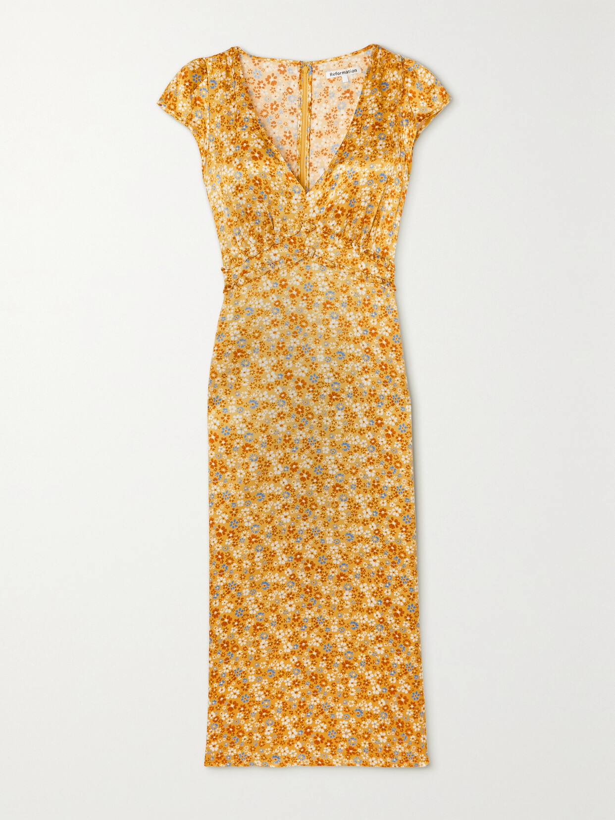 REFORMATION KAYE FLORAL-PRINT SILK-SATIN MIDI DRESS