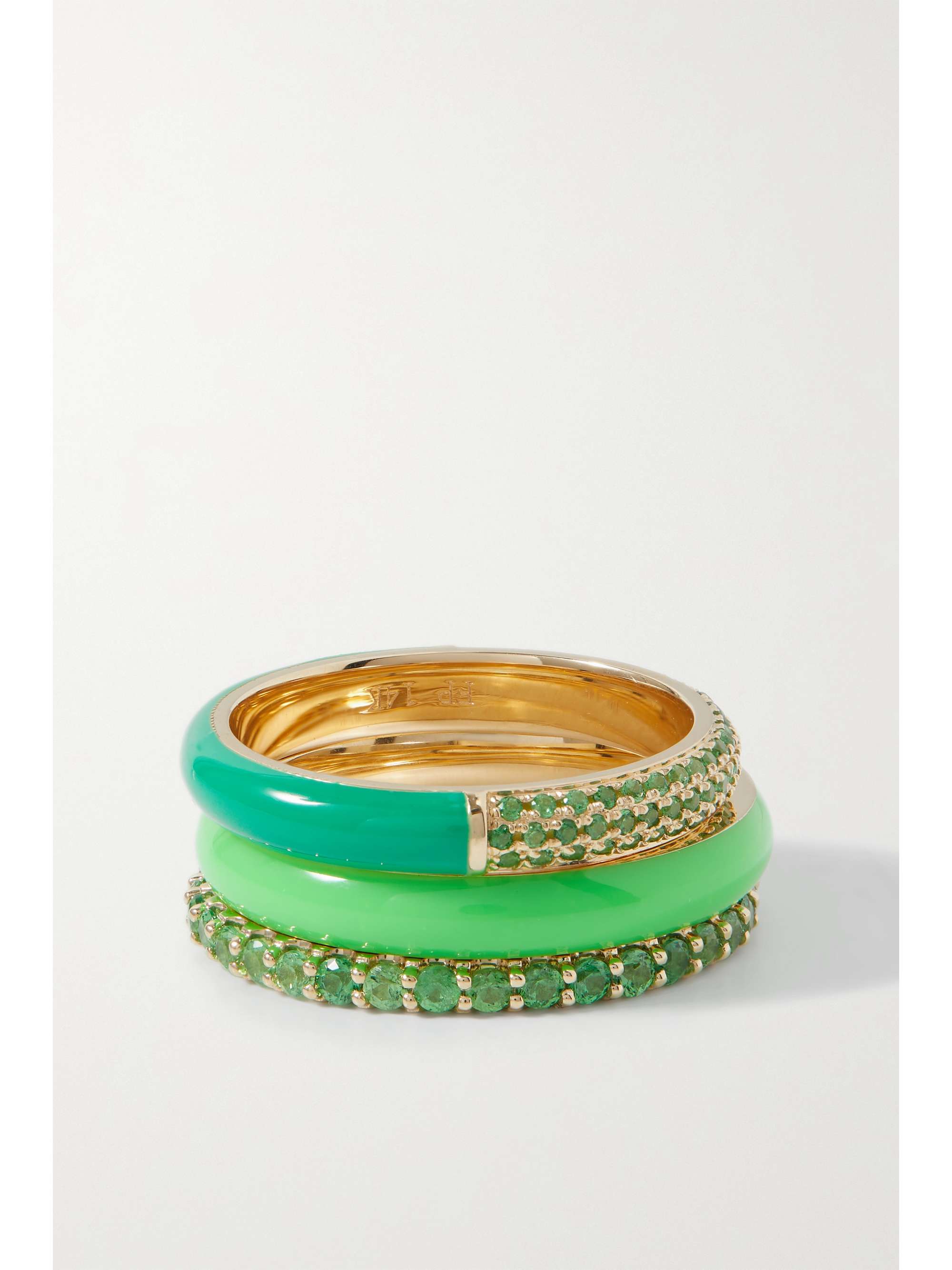 FRY POWERS Set aus drei Ringen aus 14 Karat Gold mit Emaille und Tsavoriten