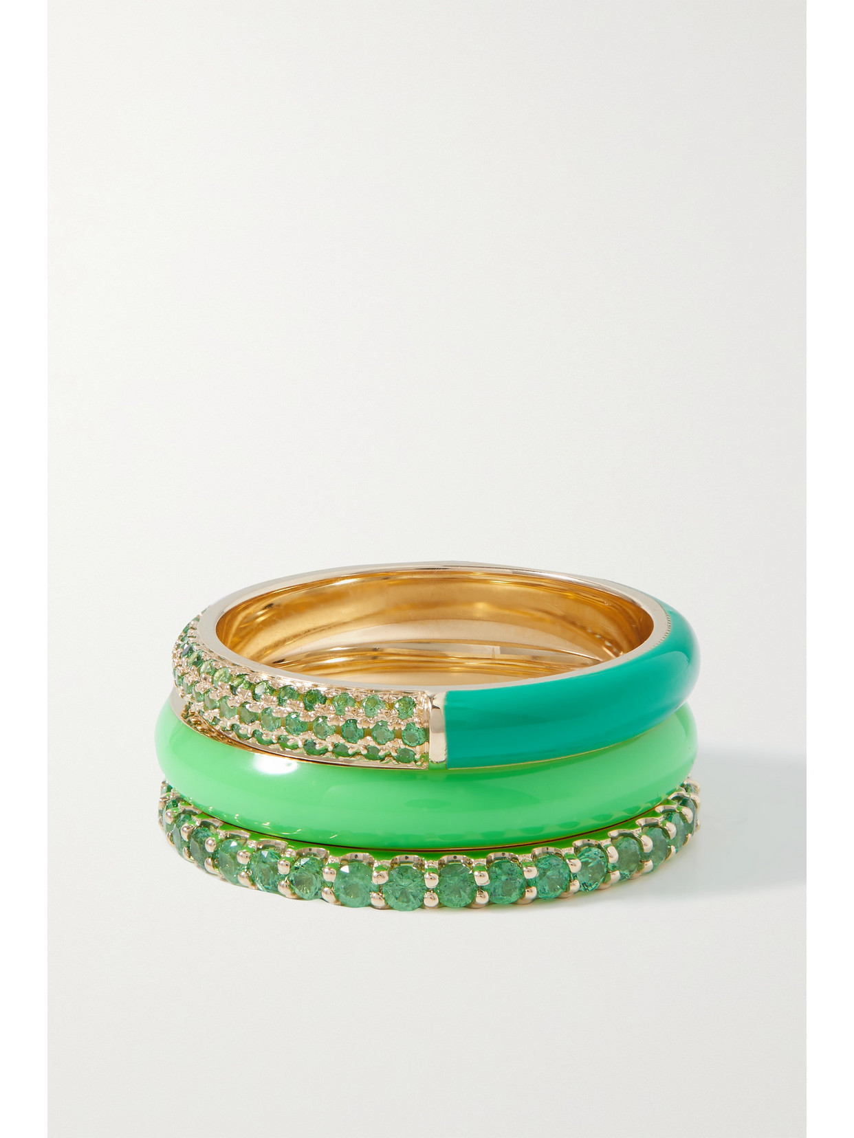 Fry Powers Set Of Three 14-karat Gold, Enamel And Tsavorite Rings In Green