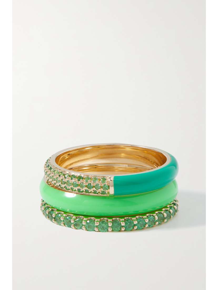 Fry Powers Set Of Three 14-karat Gold, Enamel And Tsavorite Rings